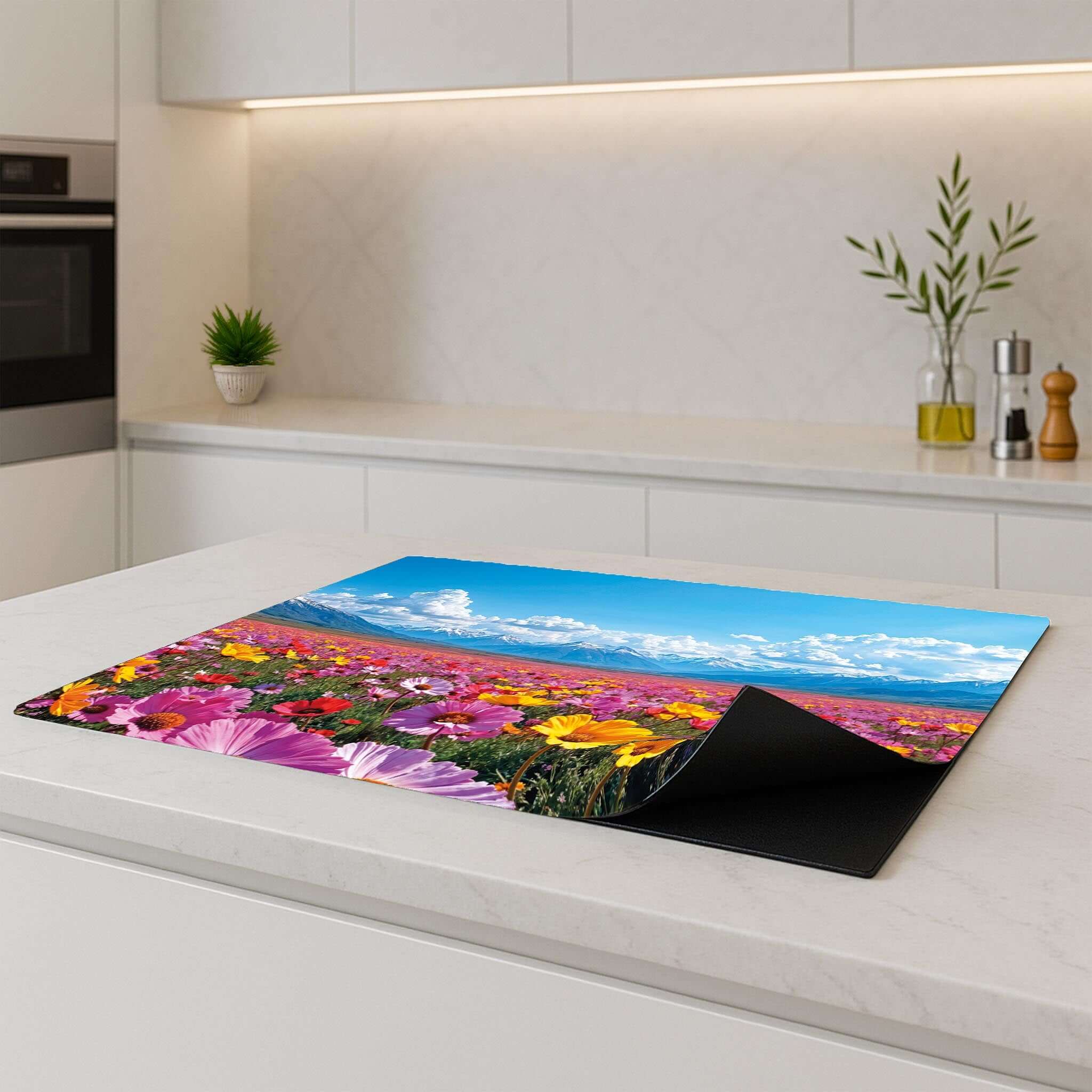 Inductie beschermer Blooming Horizon geplaatst op modern keukenblad