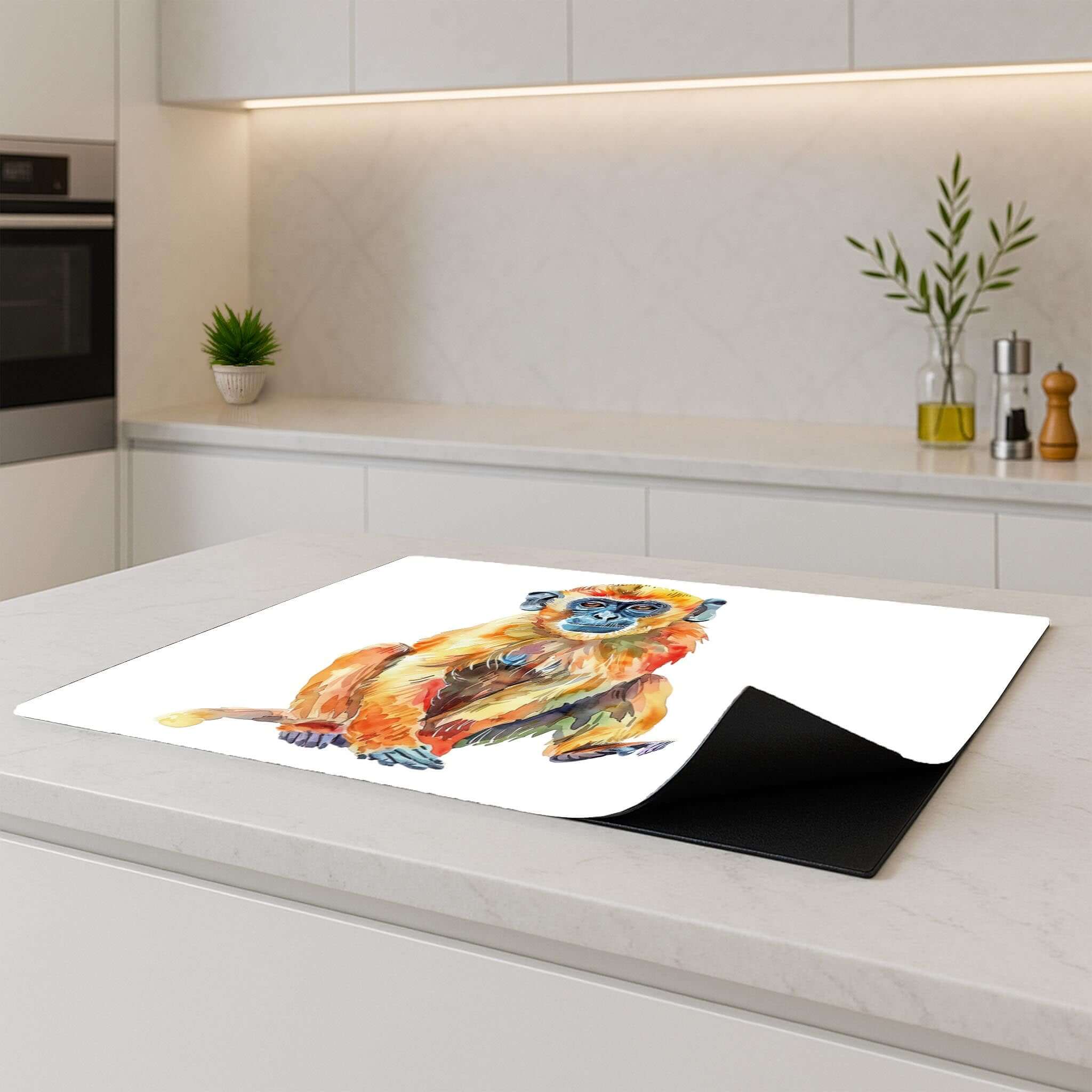 Inductiebeschermer Colorful Monkey op een modern aanrecht met vrolijke kleuren