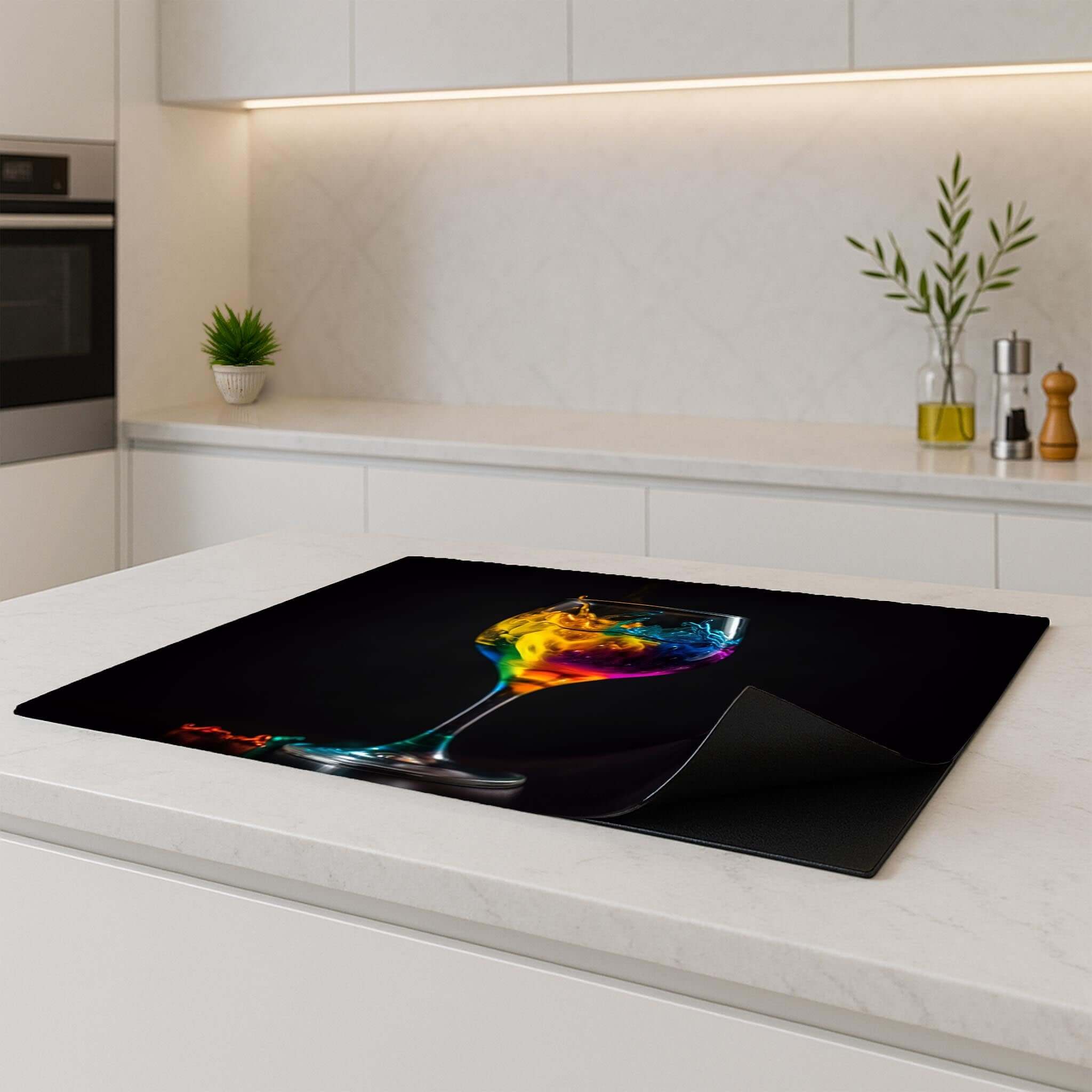 Drip & Sip inductie beschermer in moderne keuken, gekleurde glas vloeistof op zwart achtergrond, perfect voor bescherming.