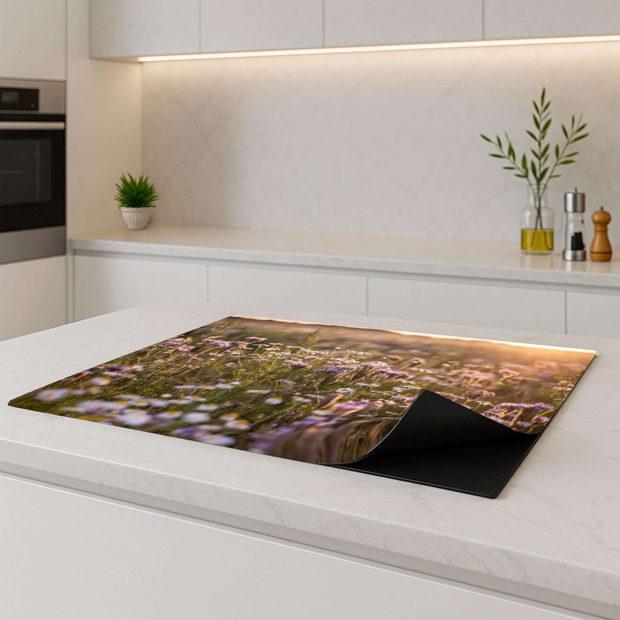 Evening Meadow Inductie Beschermer on kitchen counter, protecting induction cooktop with floral design.