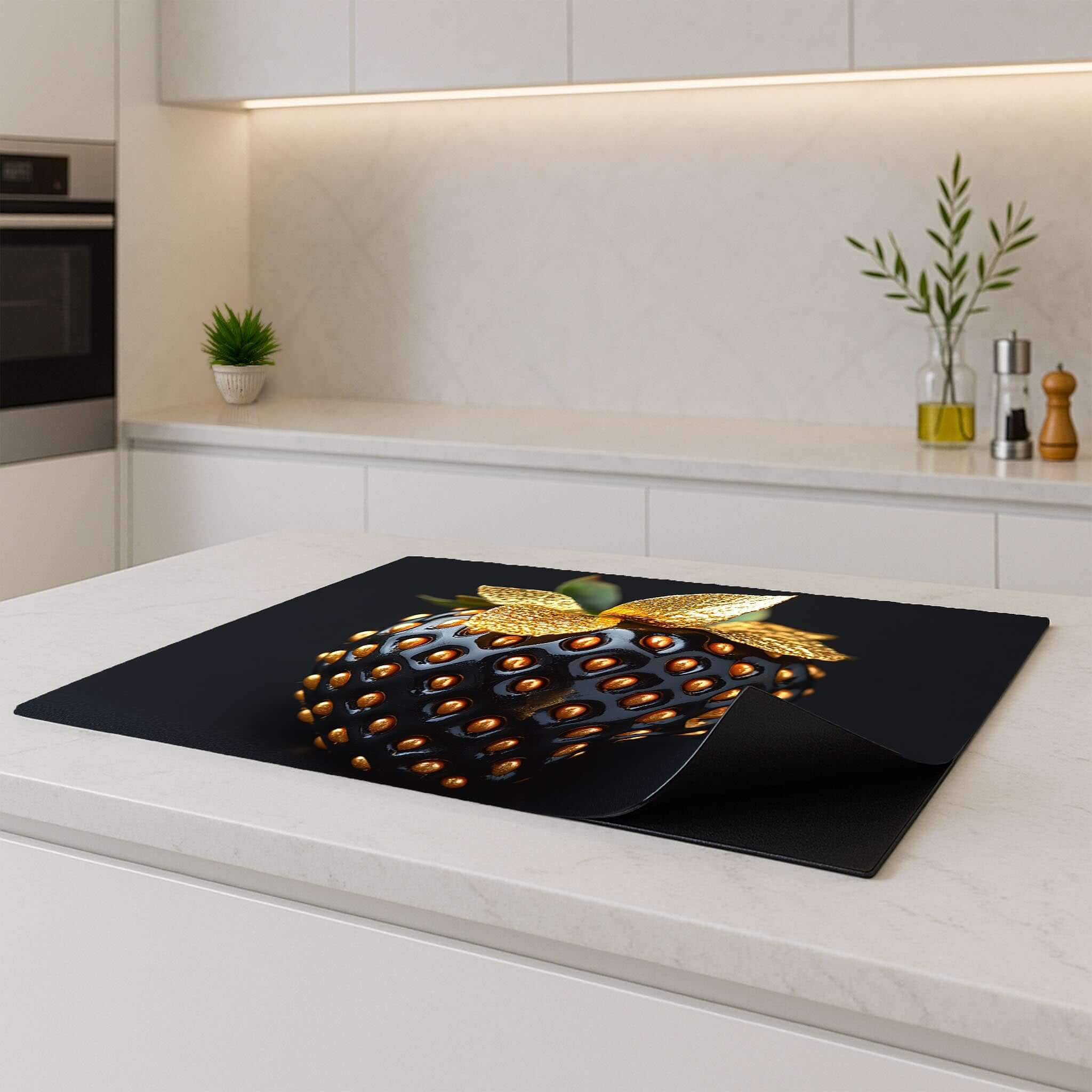 Golden Berry Inductie Beschermer op een moderne keukenblad, elegant en functioneel voor bescherming.