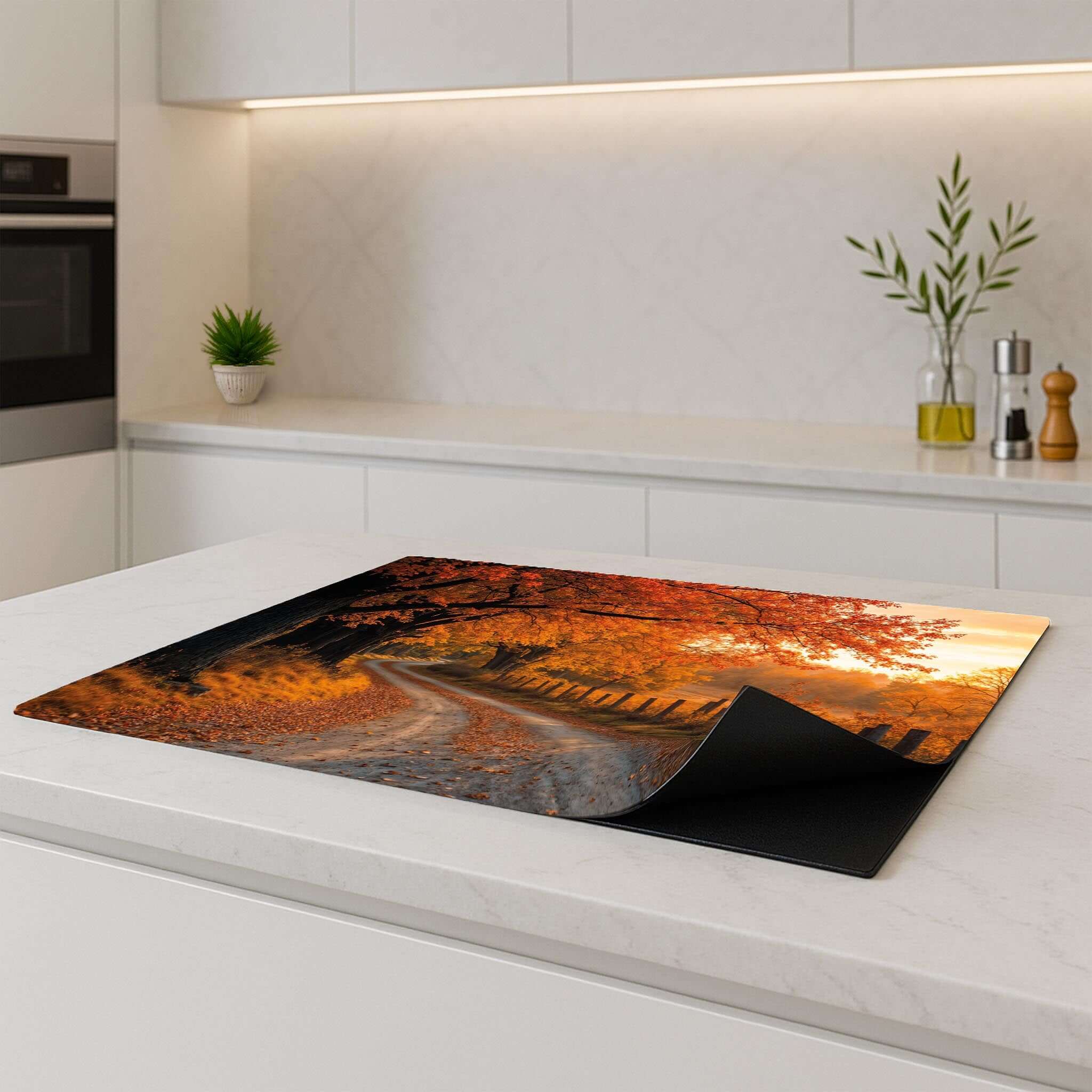 Zijkant van de Golden Autumn inductie beschermer in een moderne keuken.