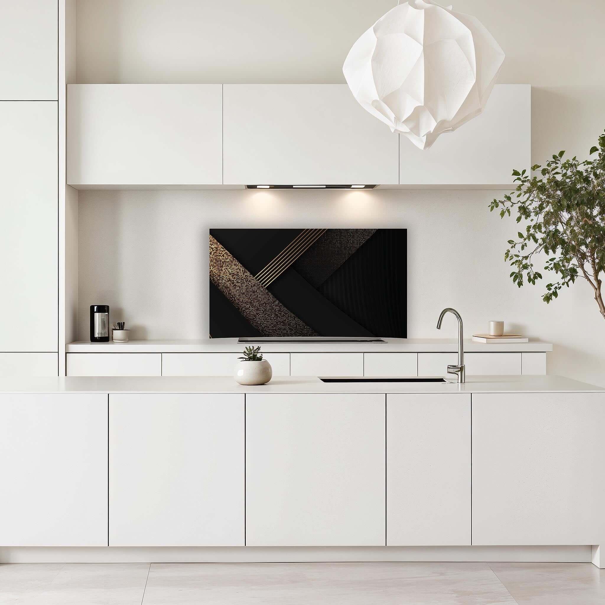 Golden Geometry spatscherm gemonteerd in een moderne witte keuken