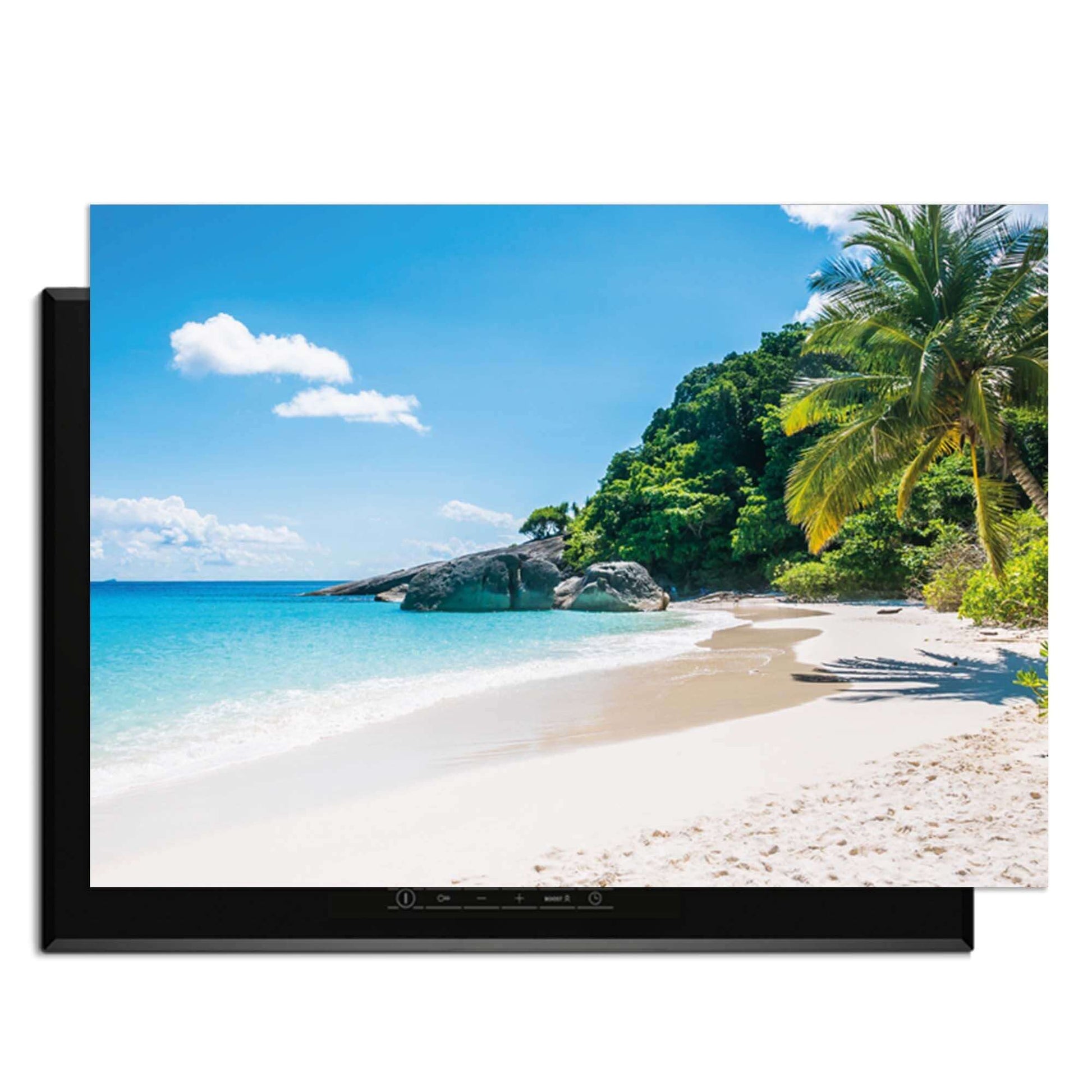 Tropical Escape – Inductie Beschermer met sereen tropisch strand en palmbomen, perfect voor je keuken.