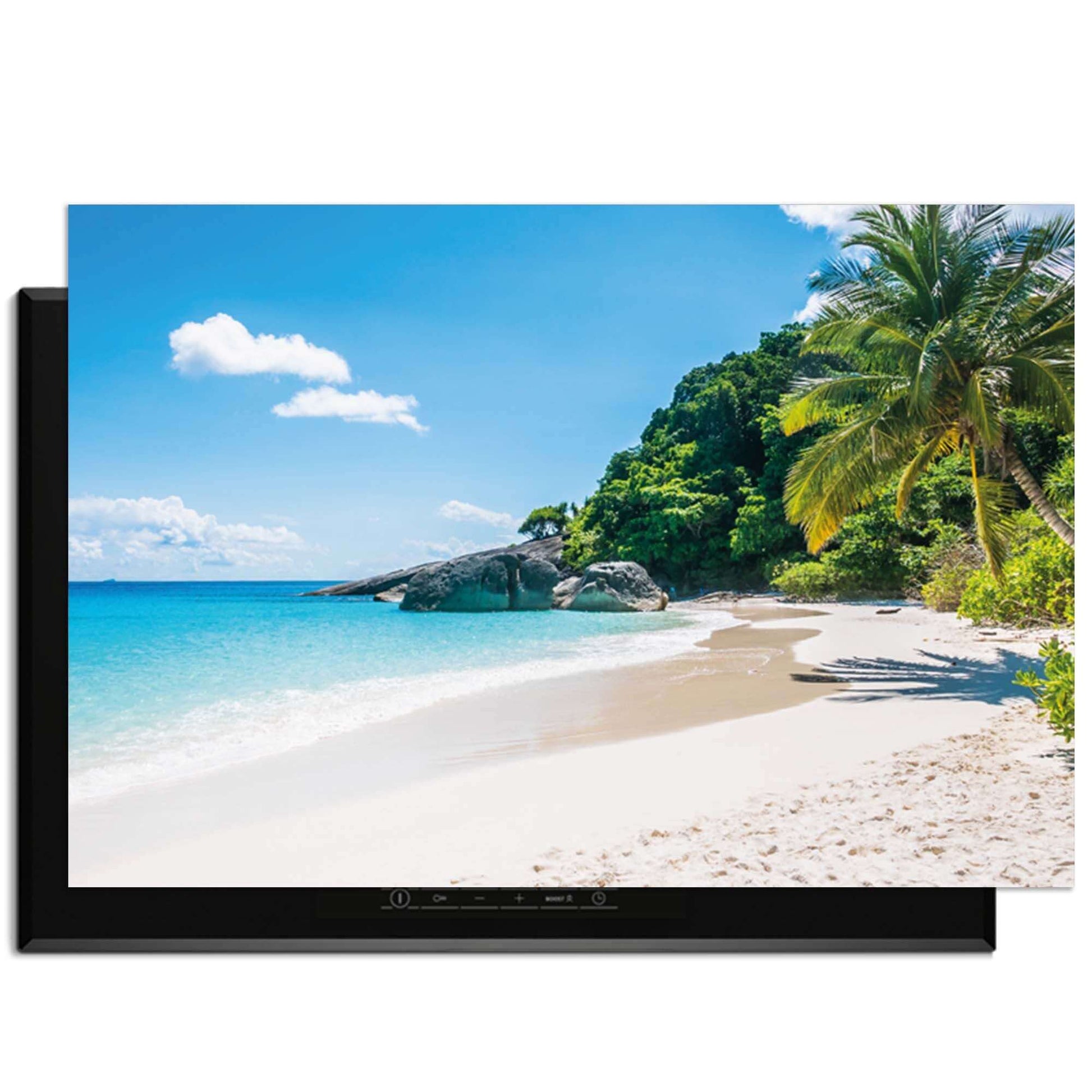 Tropical Escape – Inductie Beschermer met tropisch strand en palmbomen op de achtergrond.