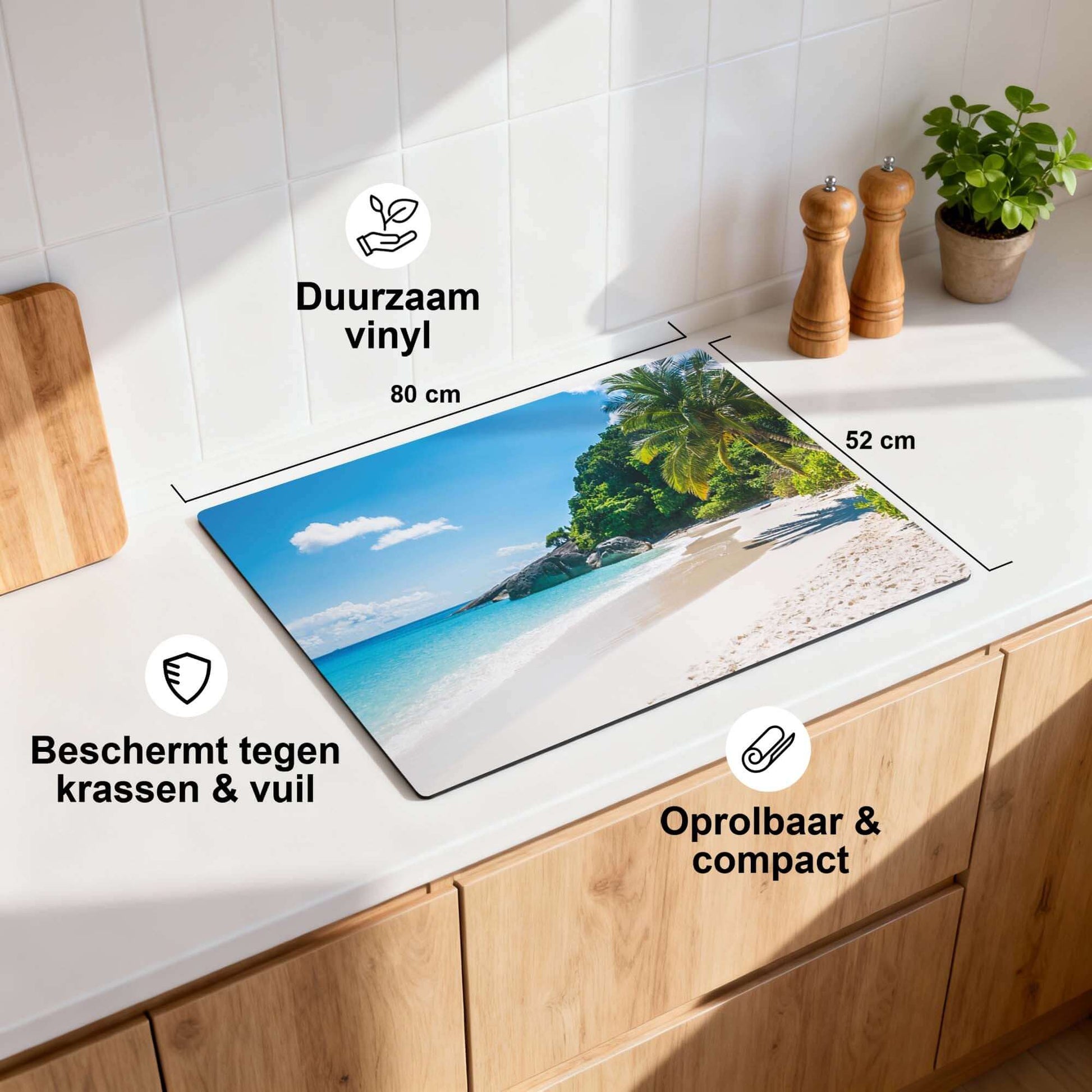 Tropical Escape – Inductie Beschermer met tropisch strandontwerp, ideaal voor keukenbescherming en zomerse sfeer.