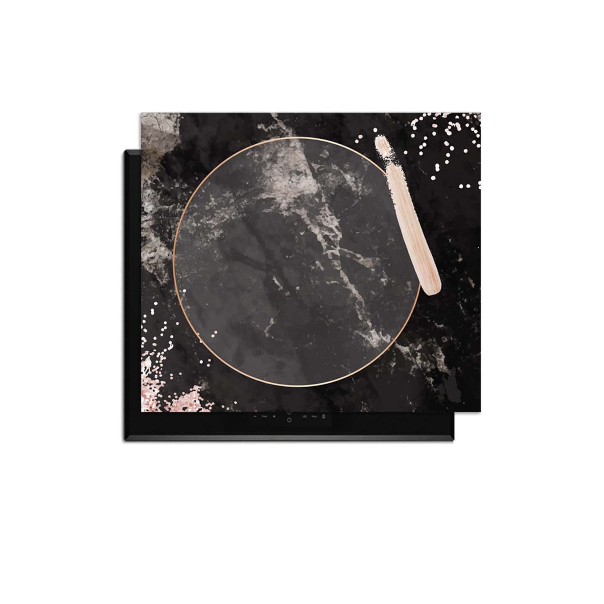 Midnight Rose - Inductie Beschermer in diep zwart marmer met poederroze details voor luxe keuken looks.