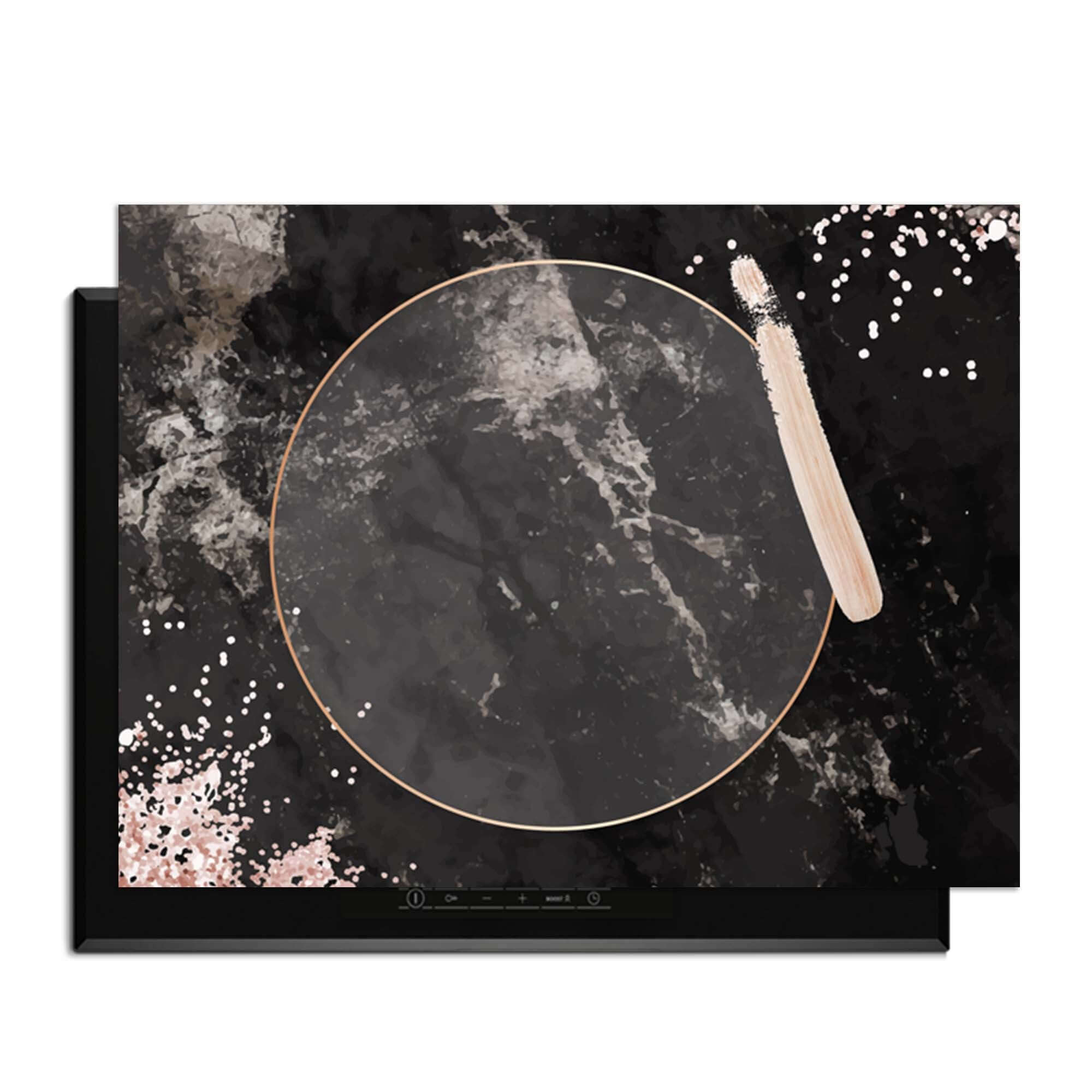 Midnight Rose - Inductie Beschermer met zwart marmer en roségouden details voor luxe keukeninrichting.