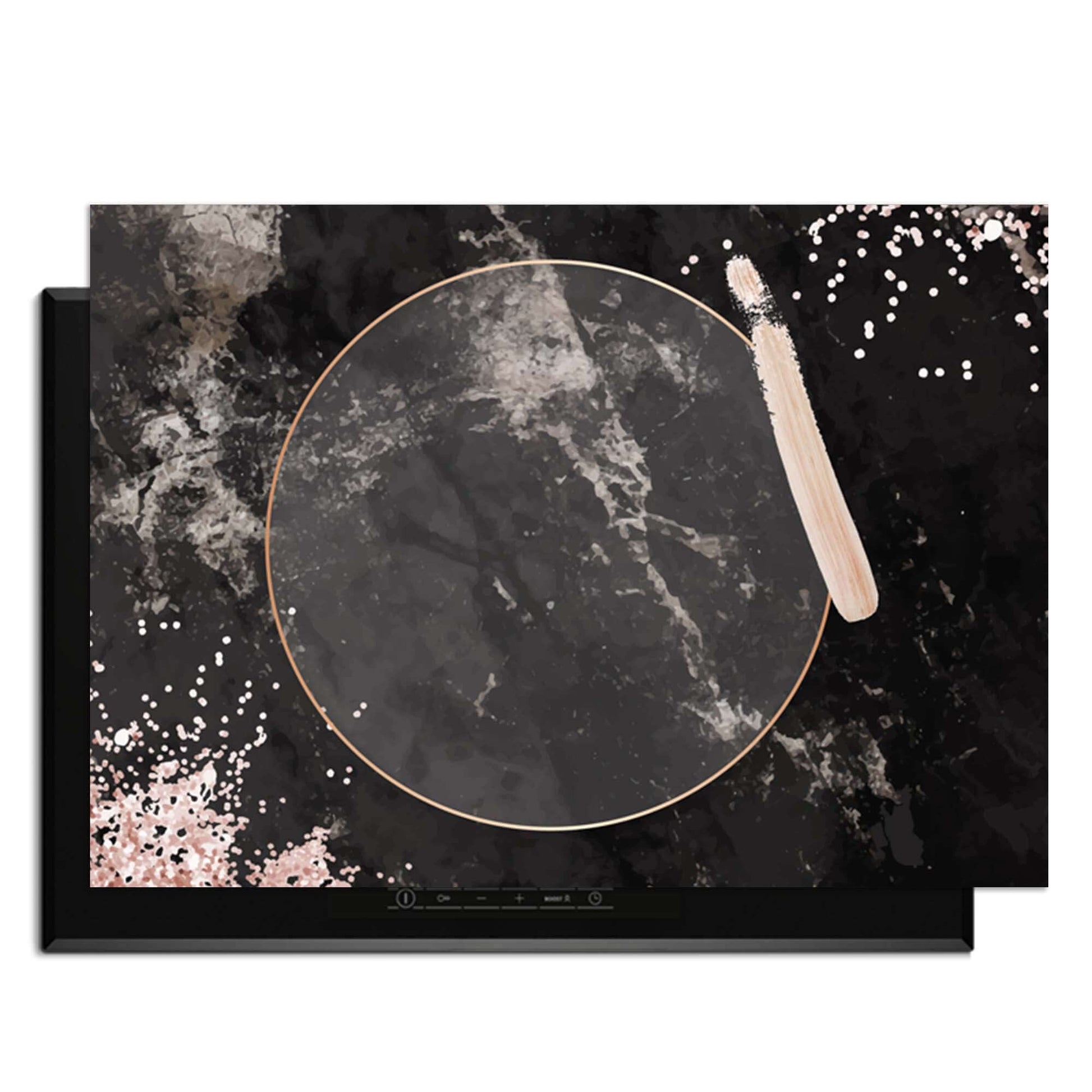 Midnight Rose - Inductie Beschermer met zwart marmer en roségouden details voor een luxe keuken.