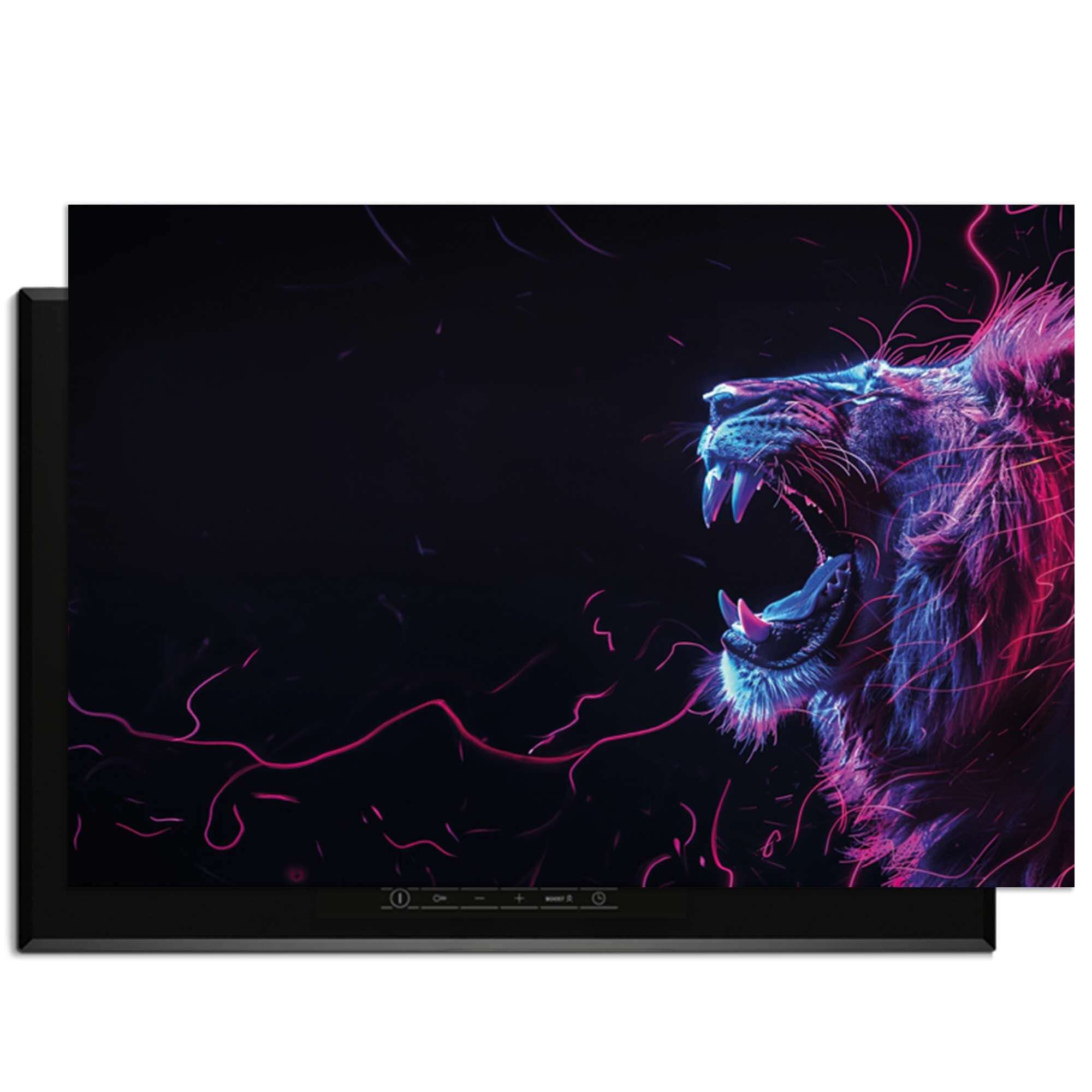Neon Roar – Inductie Beschermer met een levendige afbeelding van een brullende leeuw.