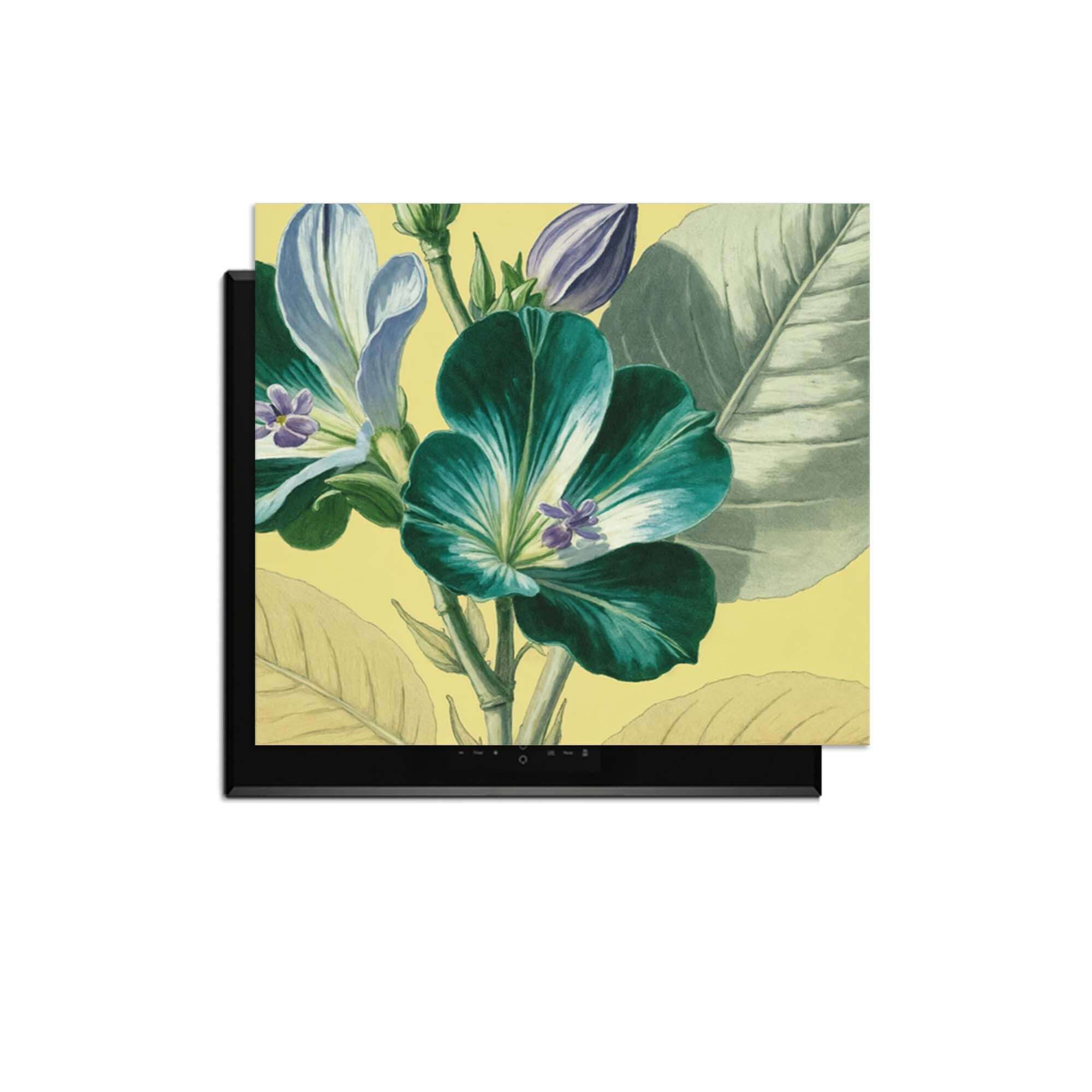 Botanical Glow – Inductie Beschermer met levendige bloemen op warm geel canvas voor een botanische uitstraling.