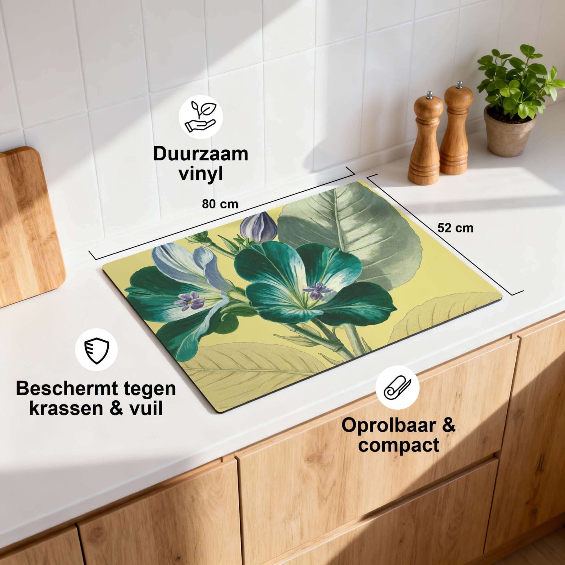 Botanical Glow – Inductie Beschermer met levendige bloemen op een duurzaam vinyl oppervlak.