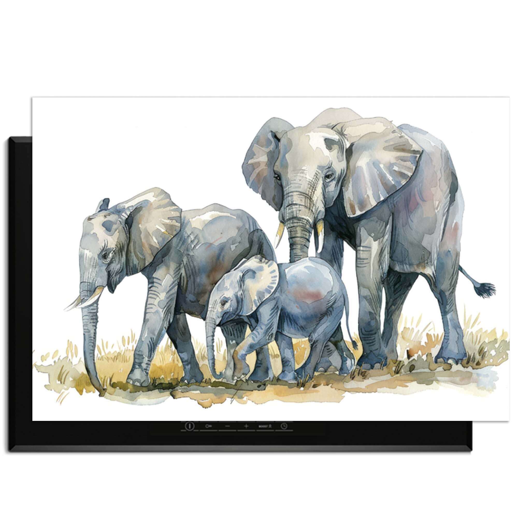 Elephant Family - Inductie Beschermer met aquarelprint van olifanten voor een warme keuken.