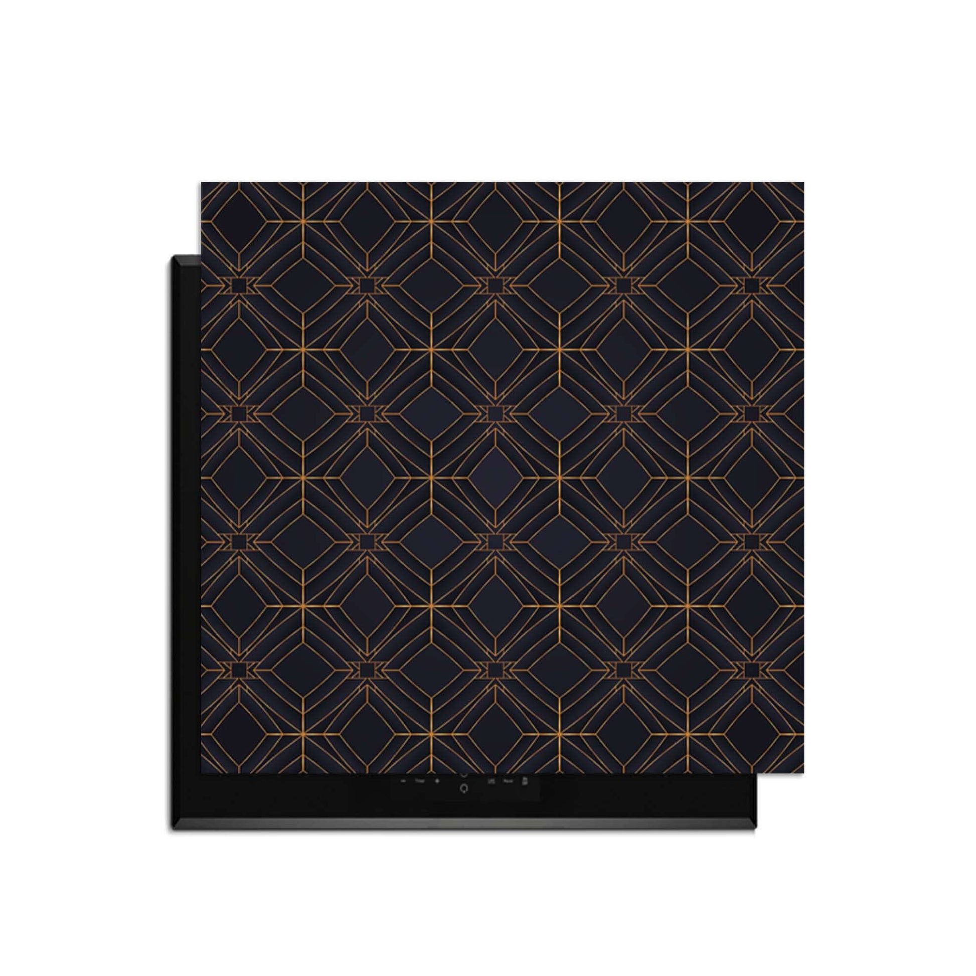 Midnight Geometry – Inductie Beschermer met diepblaauw ontwerp en koperkleurig lijnenspel.