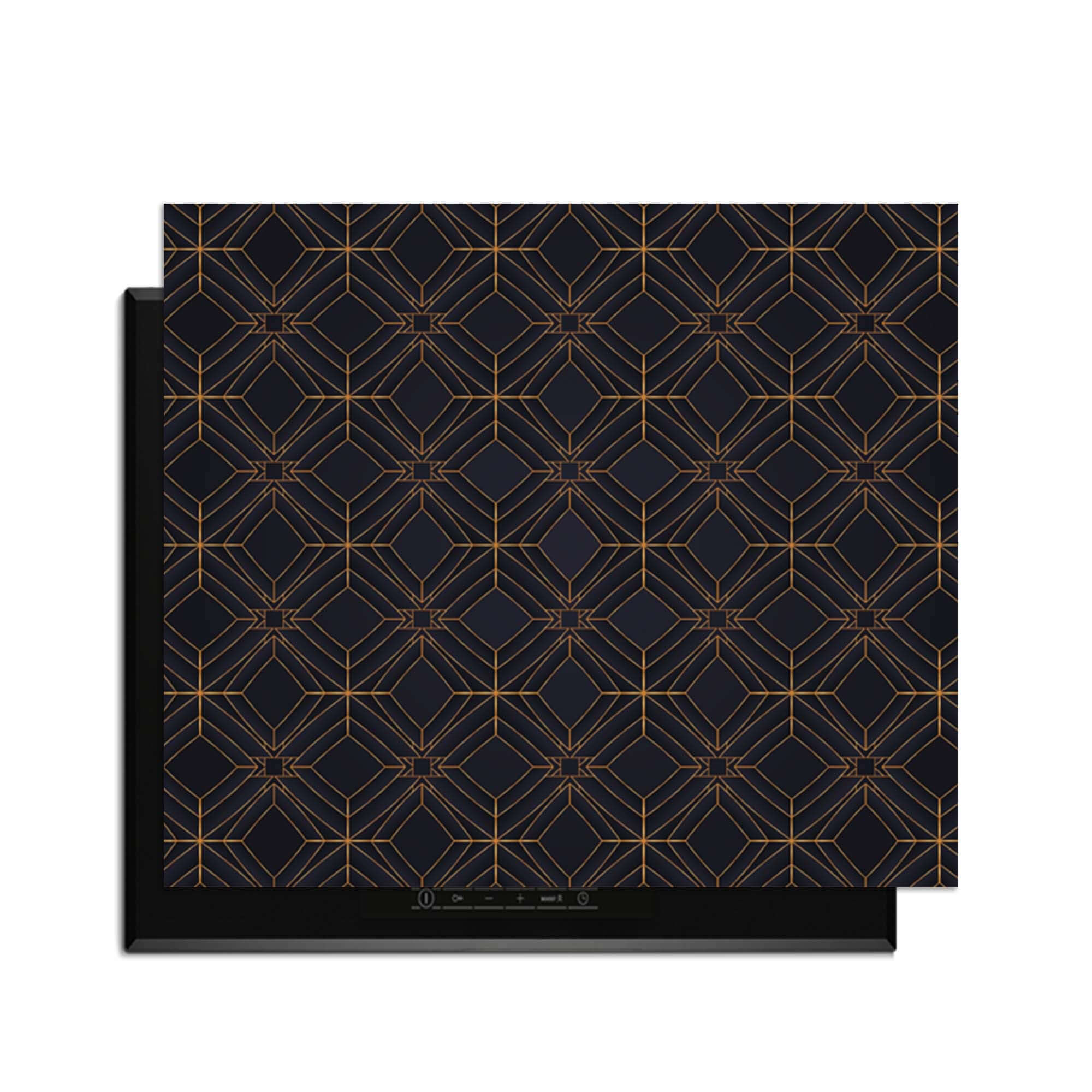 Midnight Geometry – Inductie Beschermer met diepblauwe kleur en koperkleurig lijnenspel voor een luxe uitstraling.