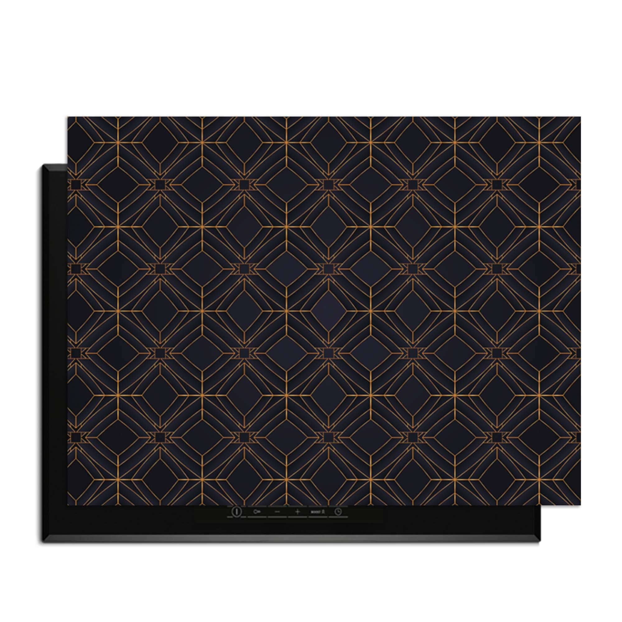 Midnight Geometry – Inductie Beschermer met diepblauw ontwerp en koperkleurig lijnenspel voor luxe uitstraling