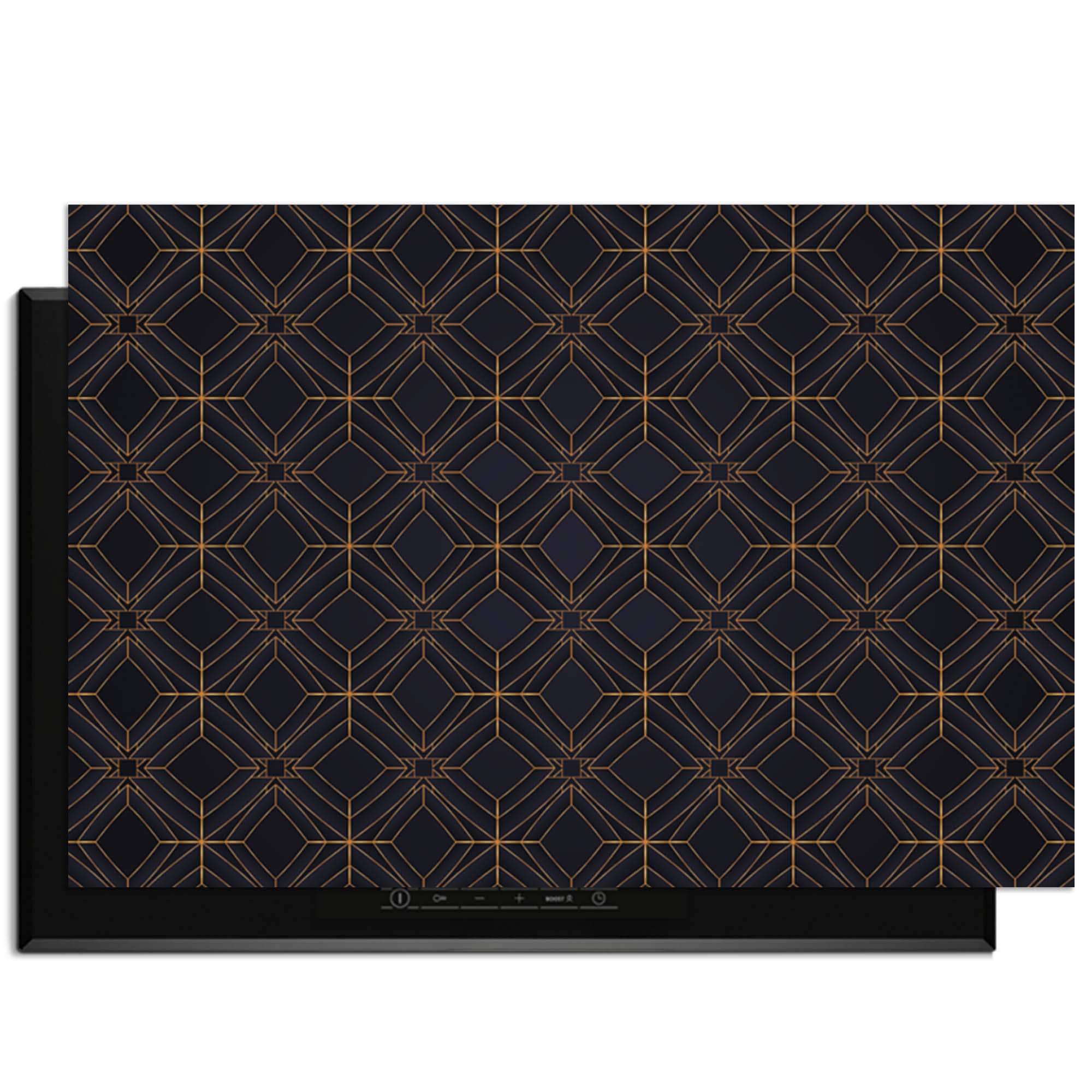 Midnight Geometry – Inductie Beschermer met diepblauw ontwerp en koperkleurig lijnenspel voor een moderne keuken.