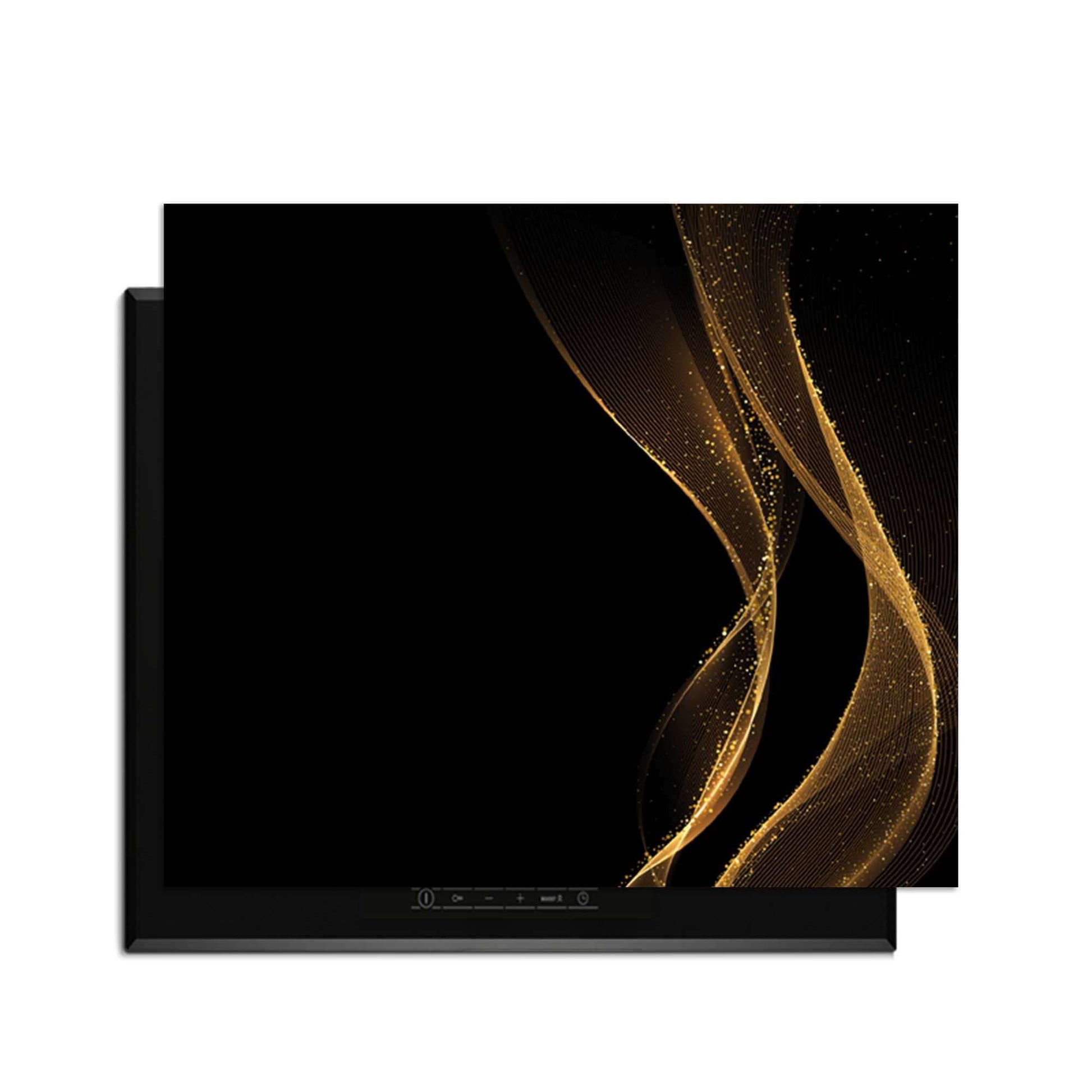 Golden Flow – Inductie Beschermer met een elegant golvend gouden design op een zwarte achtergrond.