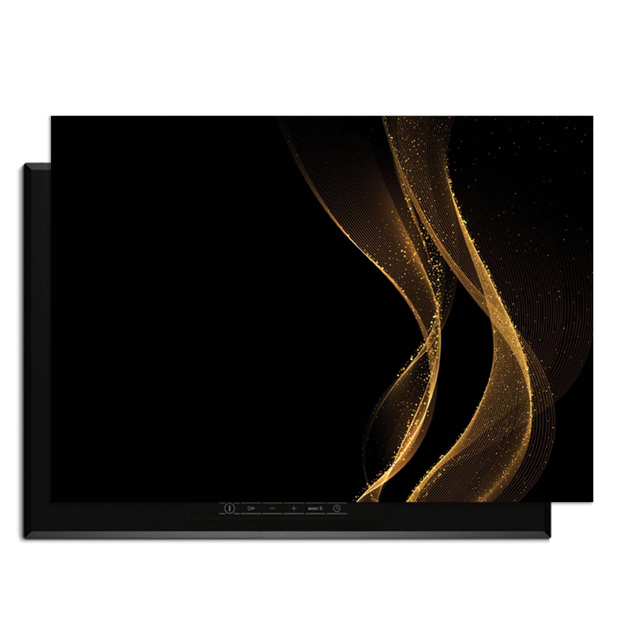 Golden Flow – Inductie Beschermer met een diepzwarte achtergrond en elegante gouden print.