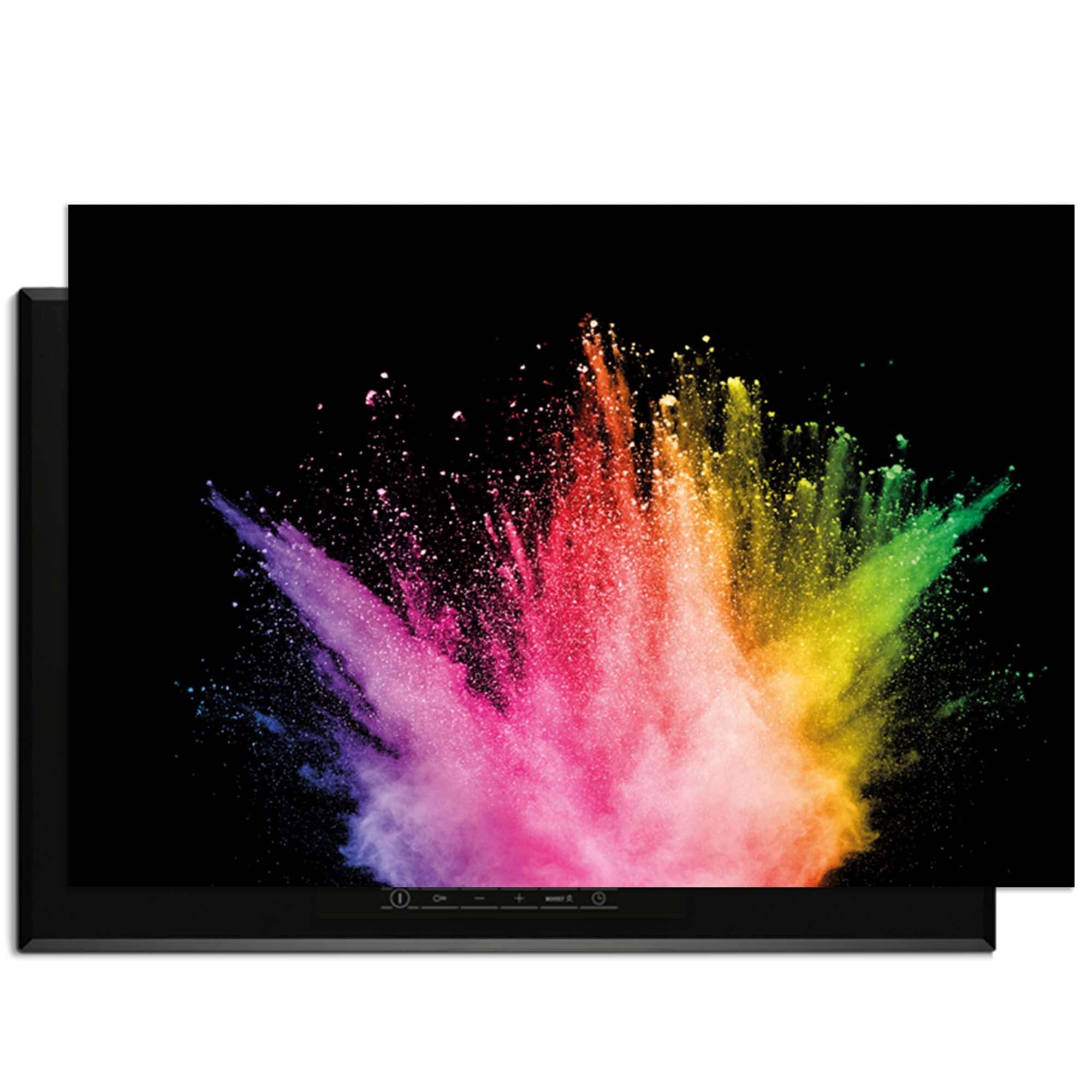 Prism Pulse – Inductie Beschermer met explosie van kleur op zwart achtergrond voor je keuken.