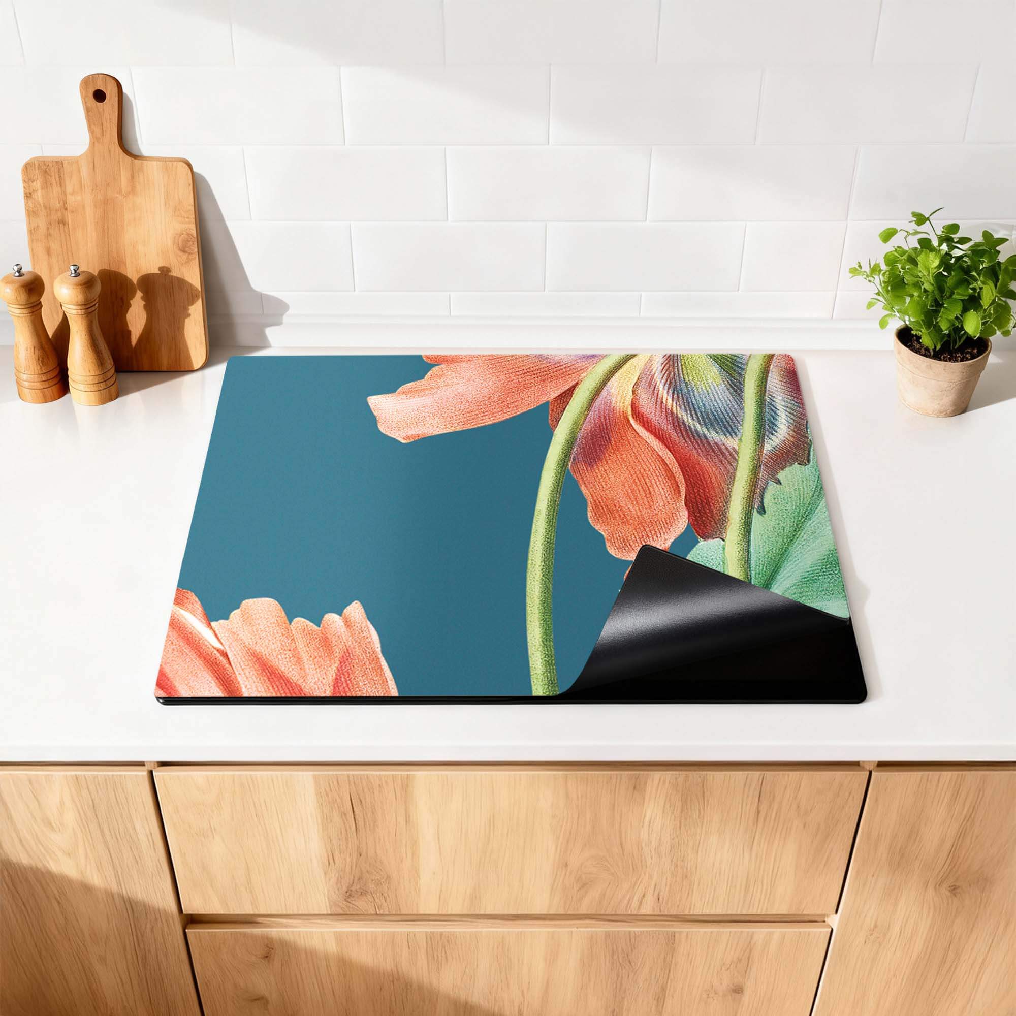 Blooming Grace – Inductie Beschermer met elegant bloemenontwerp voor een stijlvolle keuken.