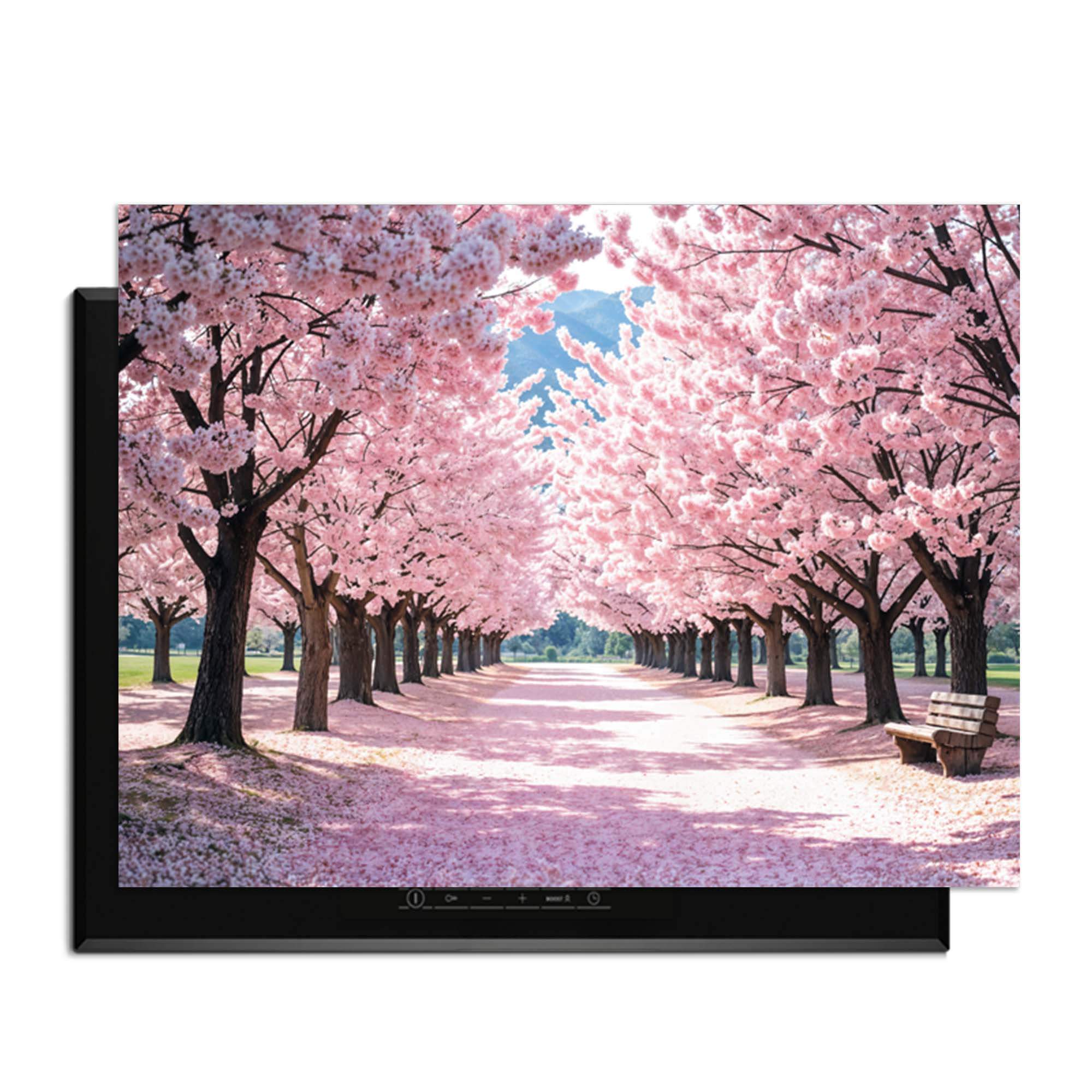 Sakura Bliss – Inductie Beschermer met een serene kersenbloesem achtergrond in zachte roze tinten.