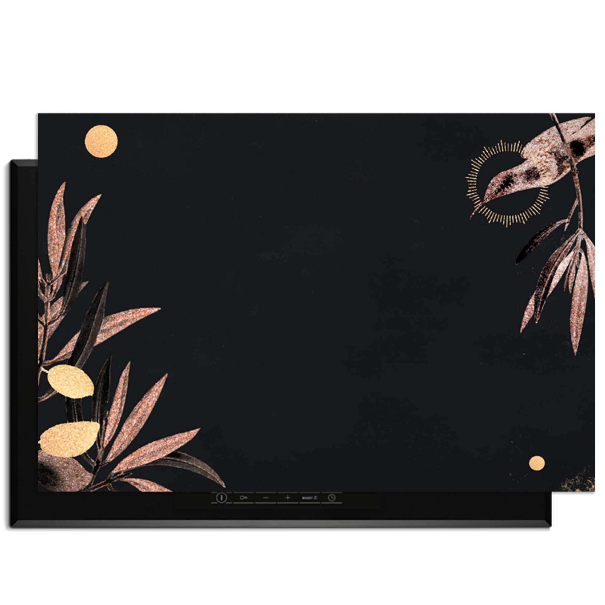 Golden Olive - Inductie Beschermer met luxe olijftakken en elegante vogel op diepzwarte achtergrond.