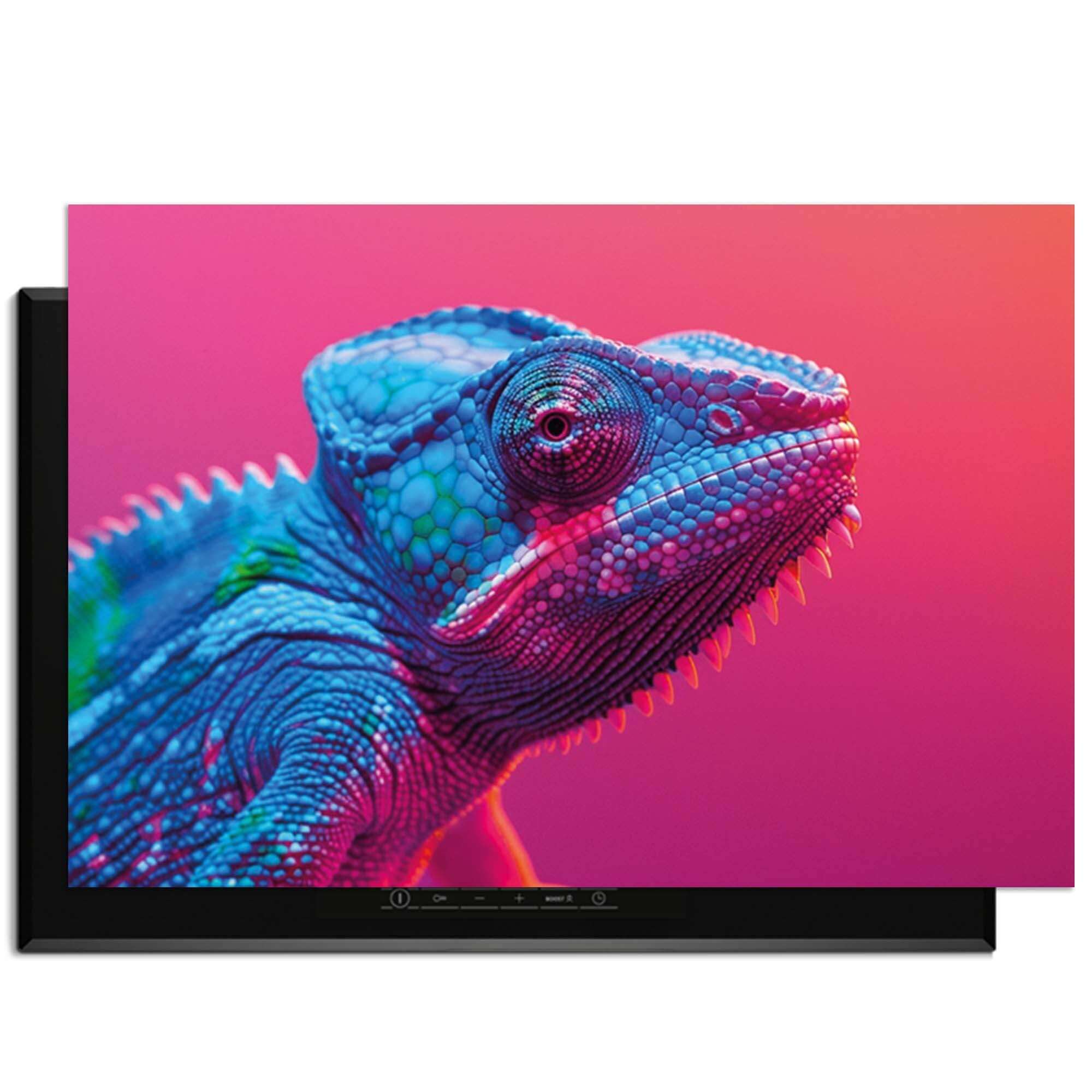 Chroma Cameleon – Inductie Beschermer met een kleurvolle kameleon in neonstijl, speels en beschermend.