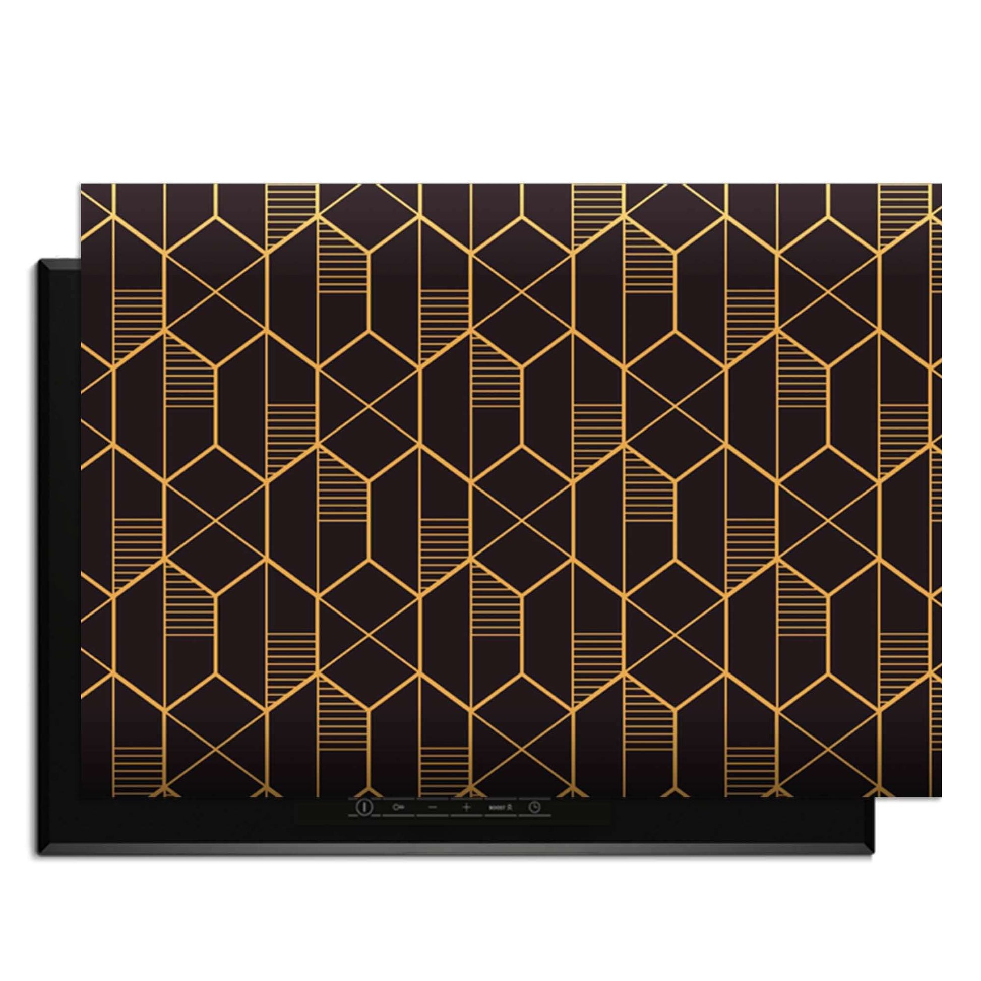 Golden Prism – Inductie Beschermer met geometrisch gouden patroon op zwarte achtergrond.