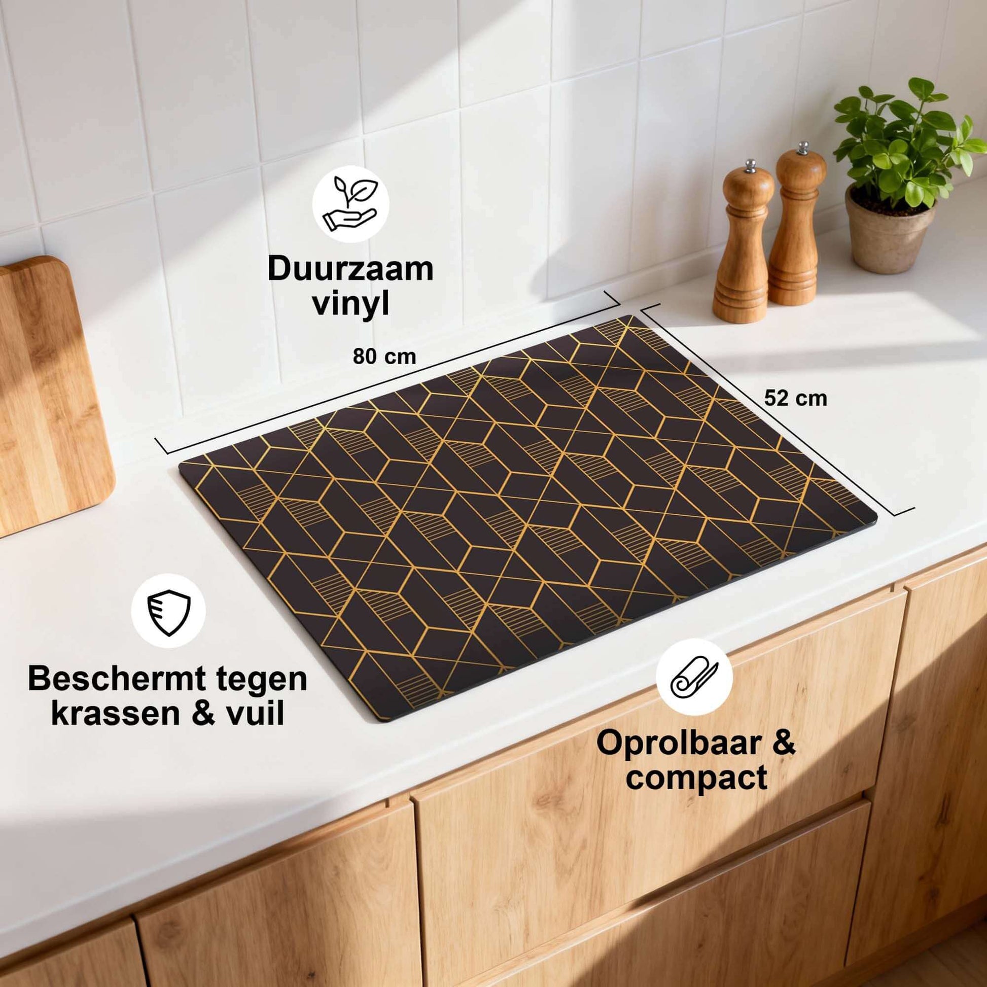 Golden Prism – Inductie Beschermer op keukenblad, duurzaam vinyl, beschermt tegen krassen en vuil.