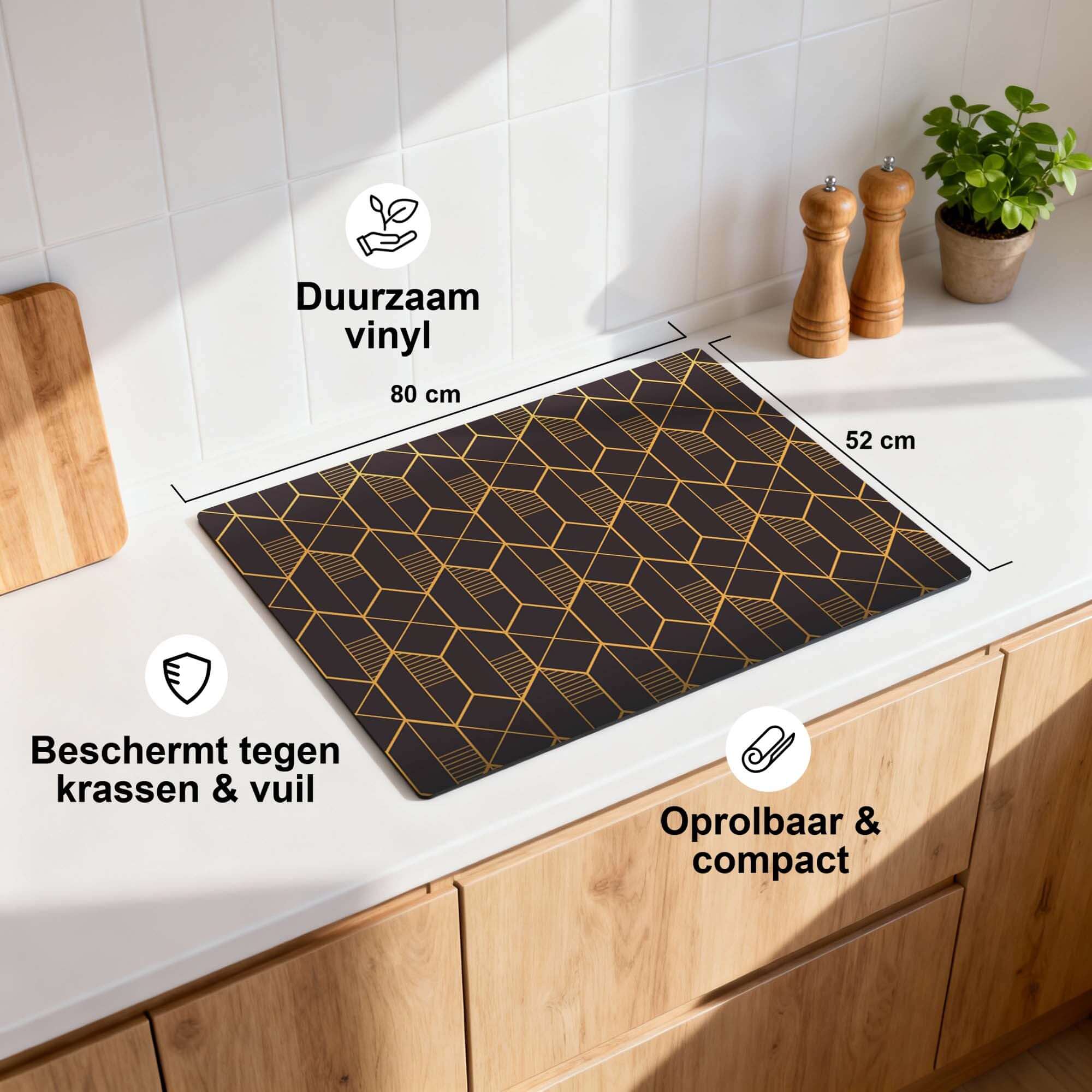 Golden Prism – Inductie Beschermer op keukenblad, duurzaam vinyl, beschermt tegen krassen en vuil.
