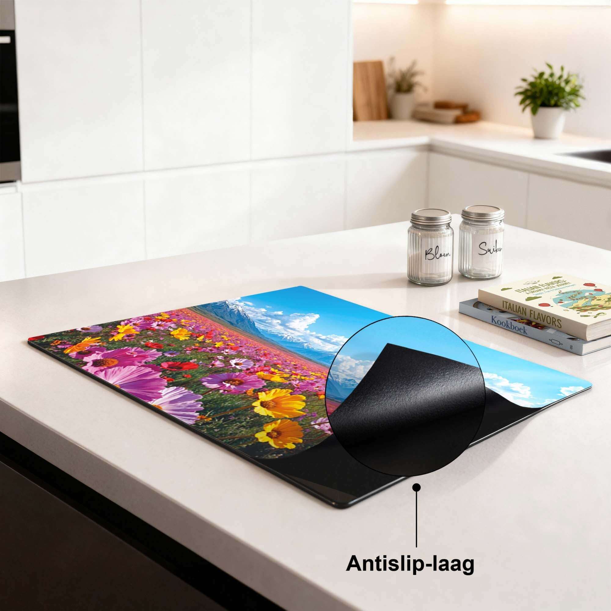 Blooming Horizon – Inductie Beschermer met kleurrijk bloemenveld en antislip-laag voor optimale grip.