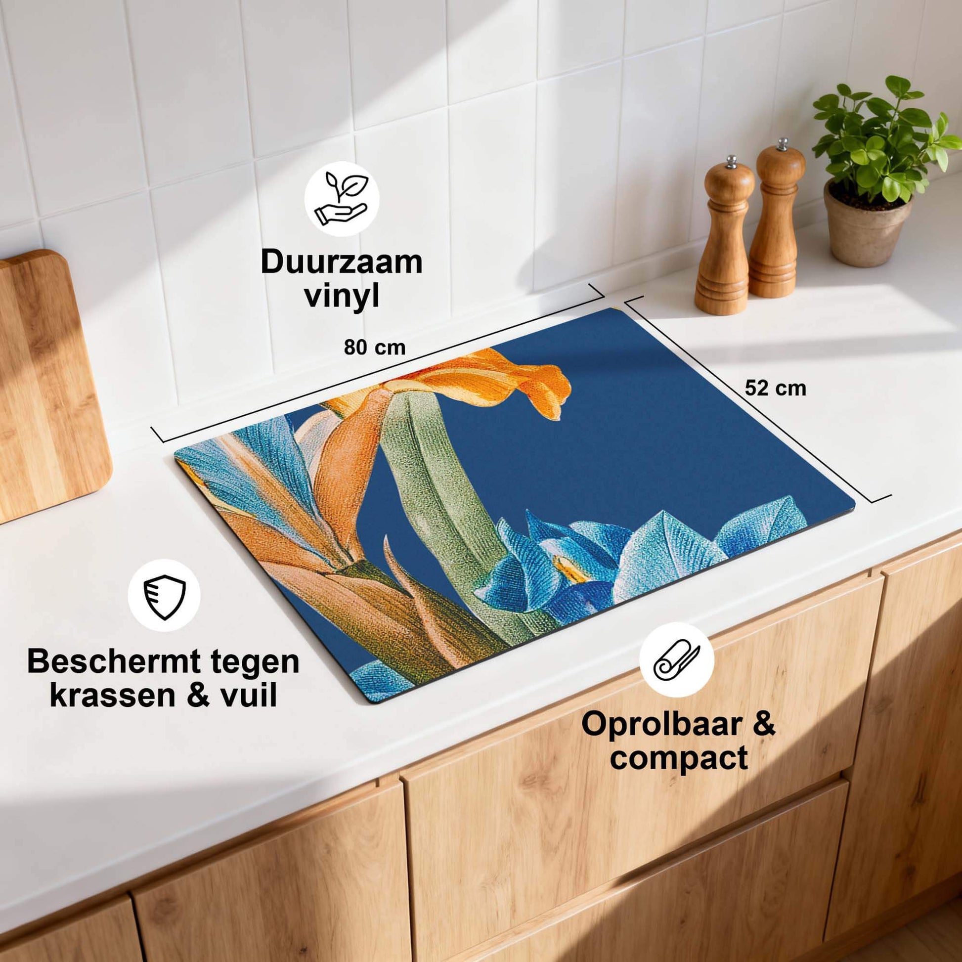 Iris Elegance – Inductie Beschermer met kleurrijke bloemenprint, duurzaam vinyl, 80x52 cm tafelbeschermer.