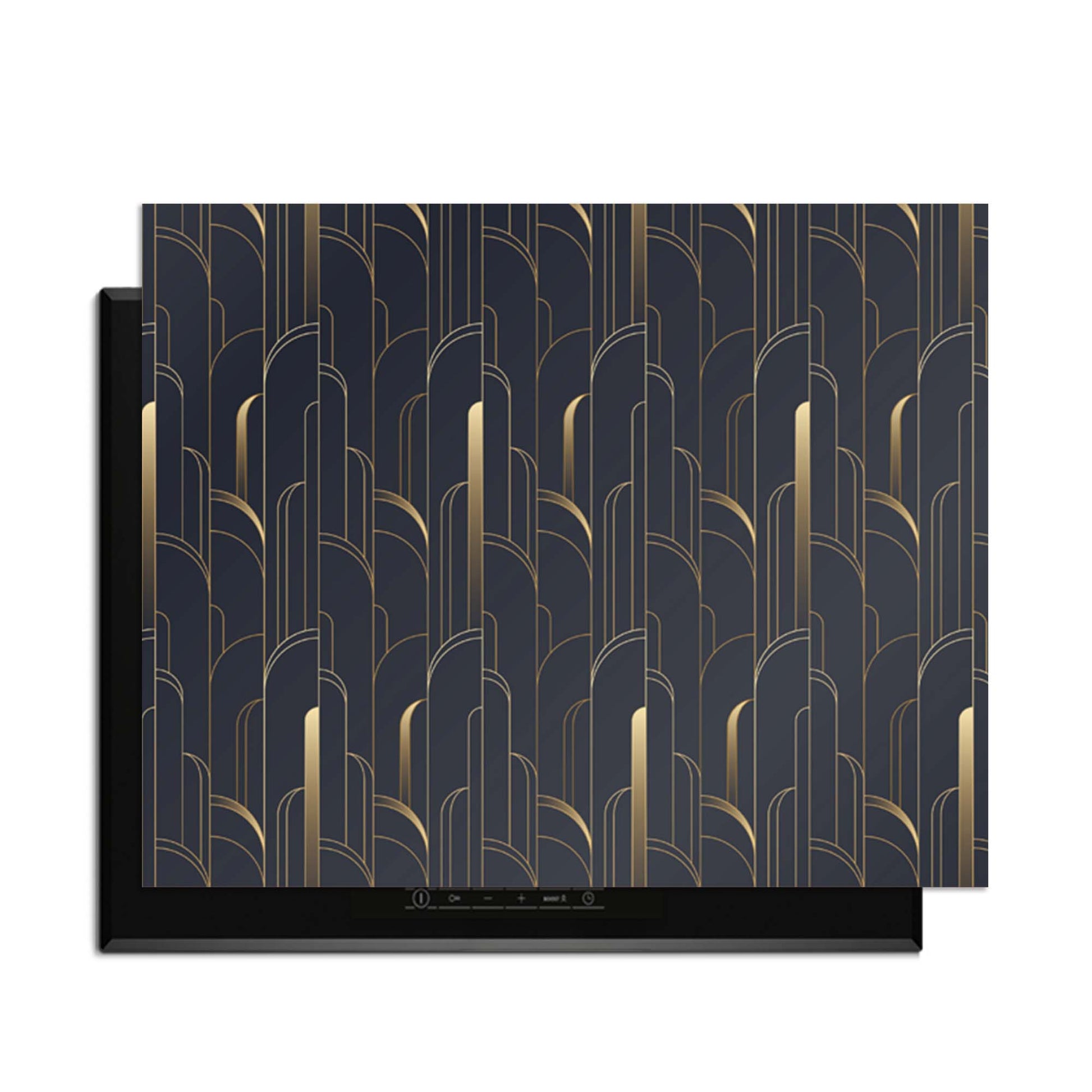 Art Deco Lines – Inductie Beschermer met geometrisch patroon in goudtinten voor luxe en elegantie.