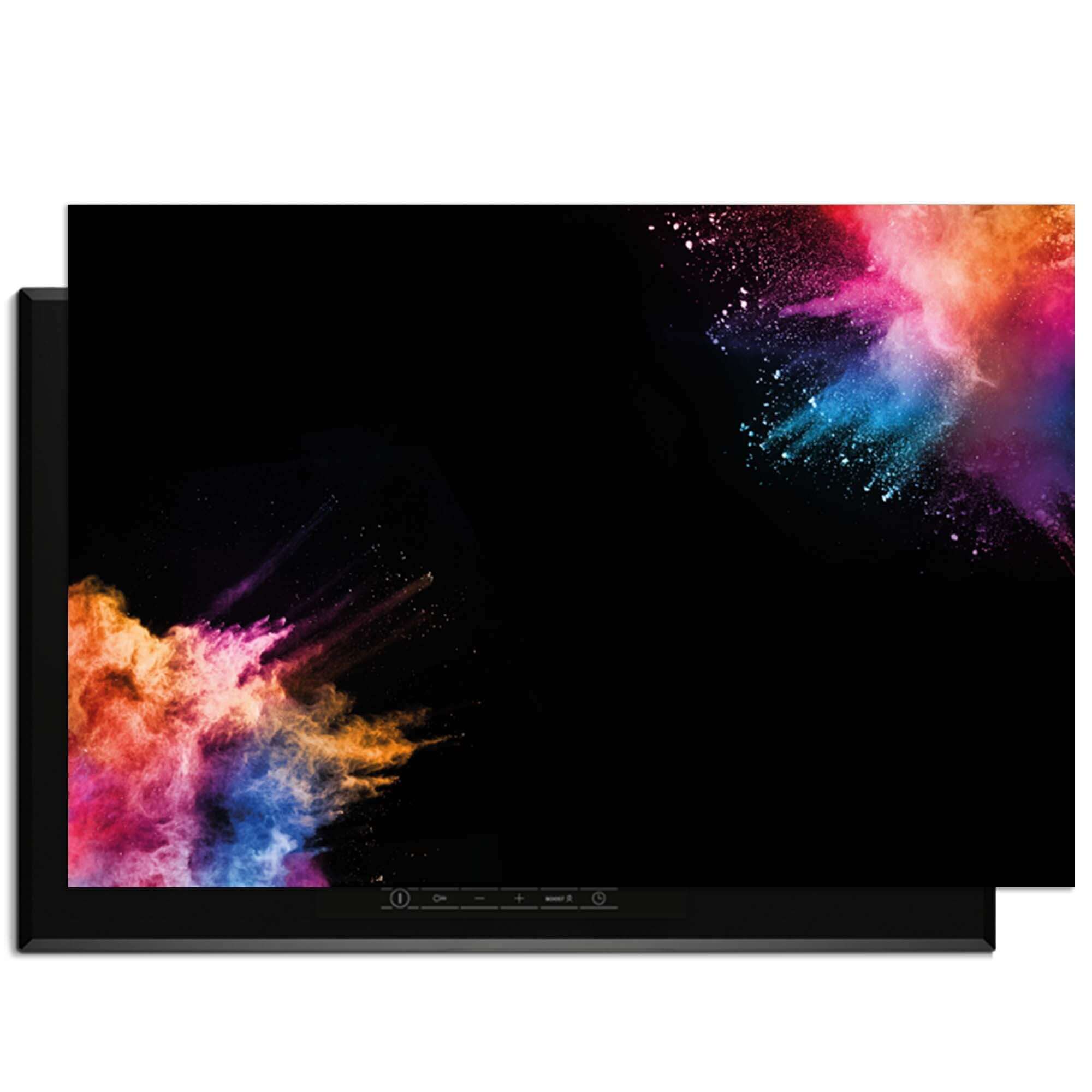 Midnight Splash – Inductie Beschermer in een kleurrijk design met explosies van energie op een zwarte achtergrond.