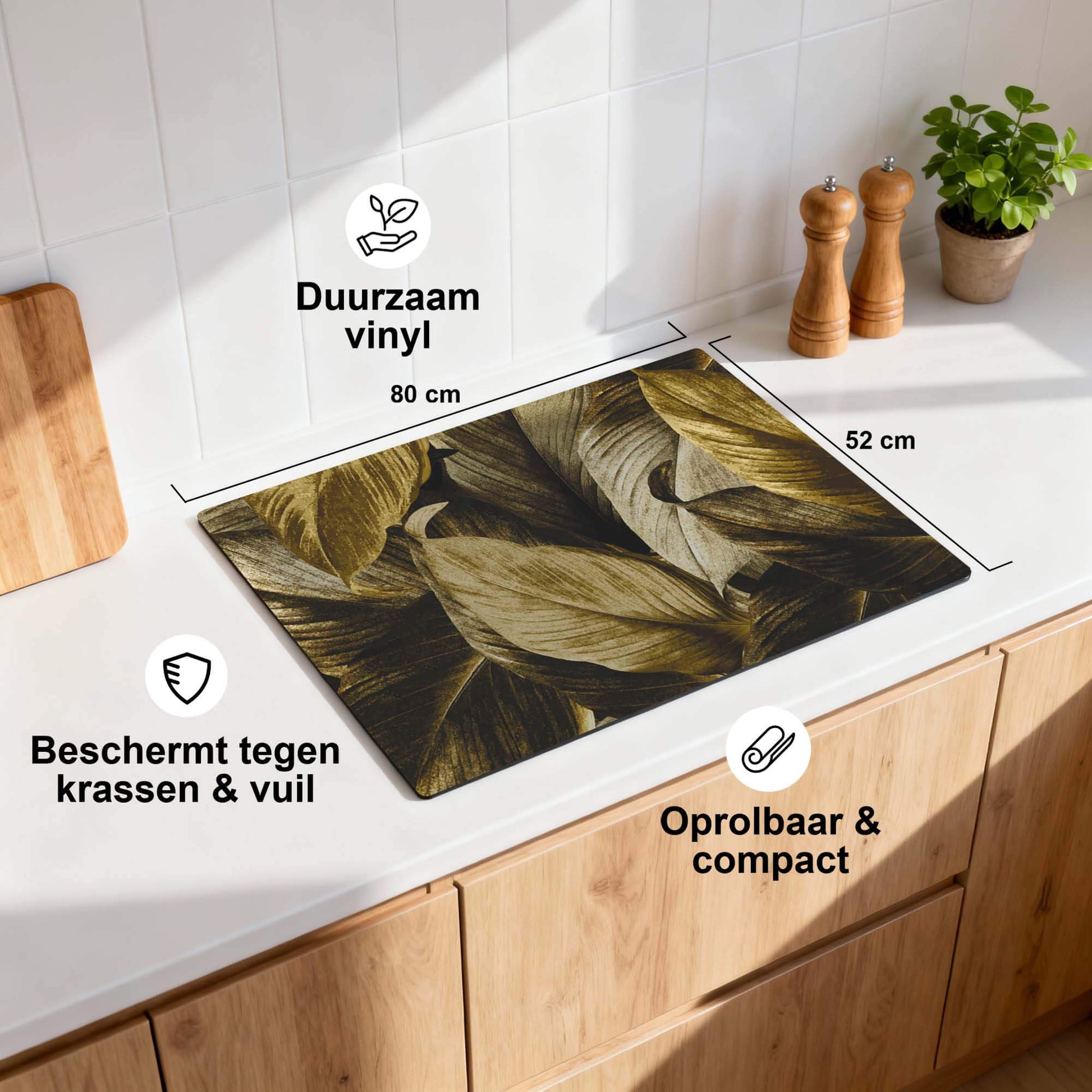 Golden Leaves – Inductie Beschermer op het aanrecht, duurzaam vinyl, beschermt tegen krassen en vuil.