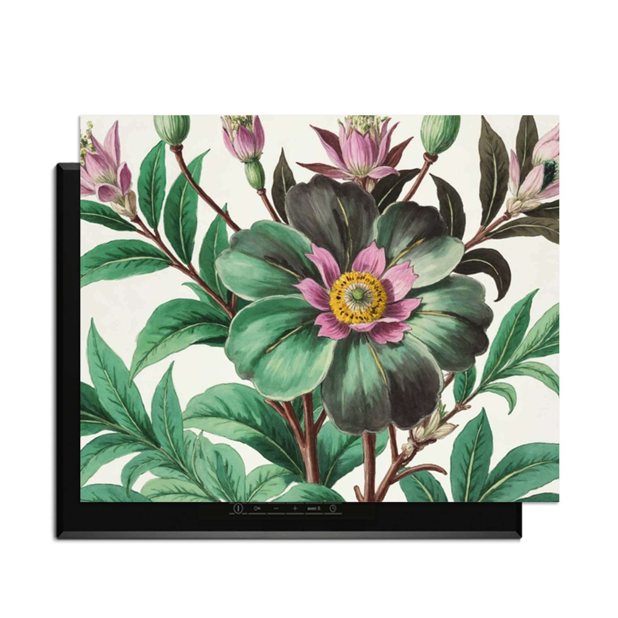 Botanical Grace – Inductie Beschermer met botanische illustraties en kleurrijke bloemen in de keuken.
