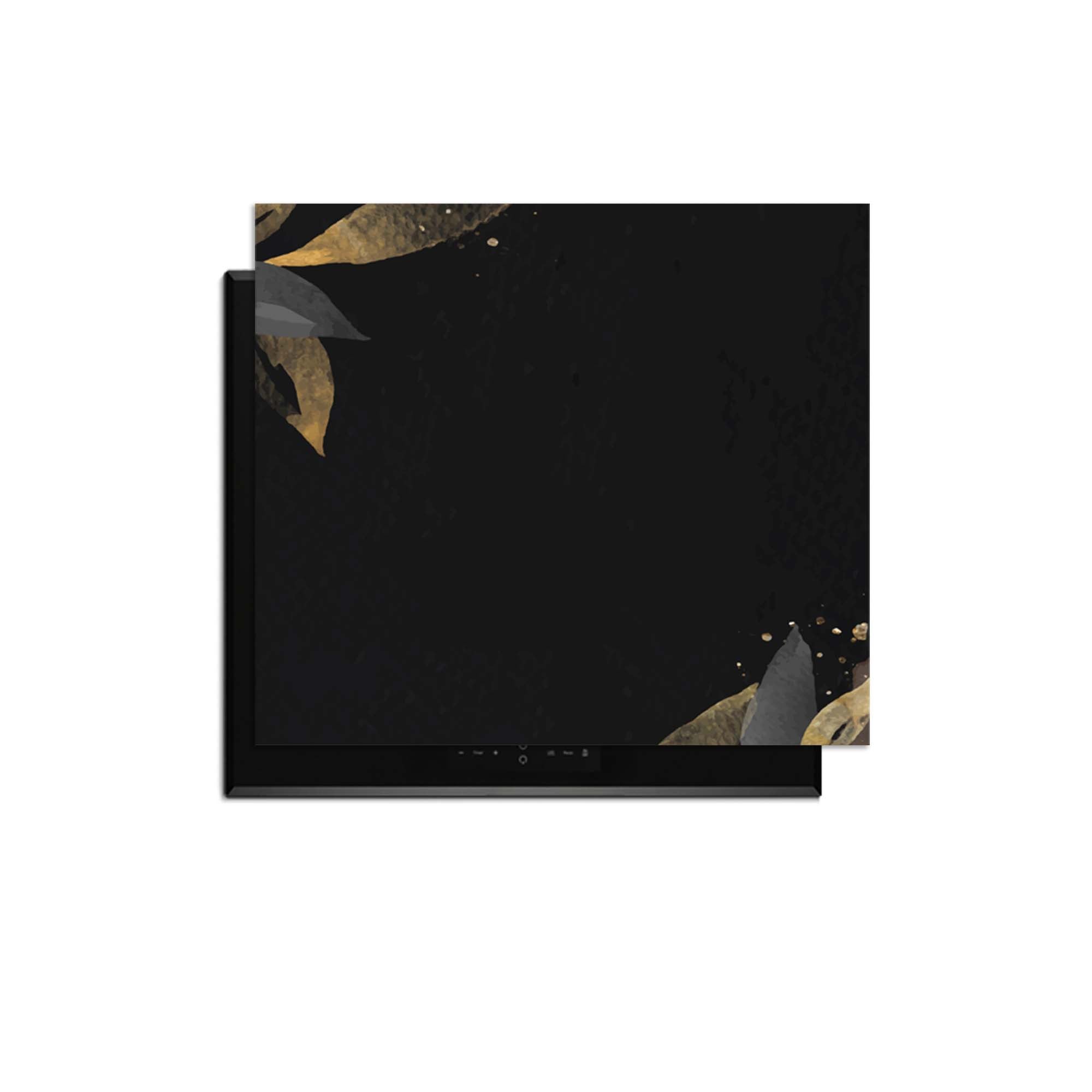 Black Olive – Inductie Beschermer met zwarte achtergrond en gouden olijfbladeren, stijlvol en chic.