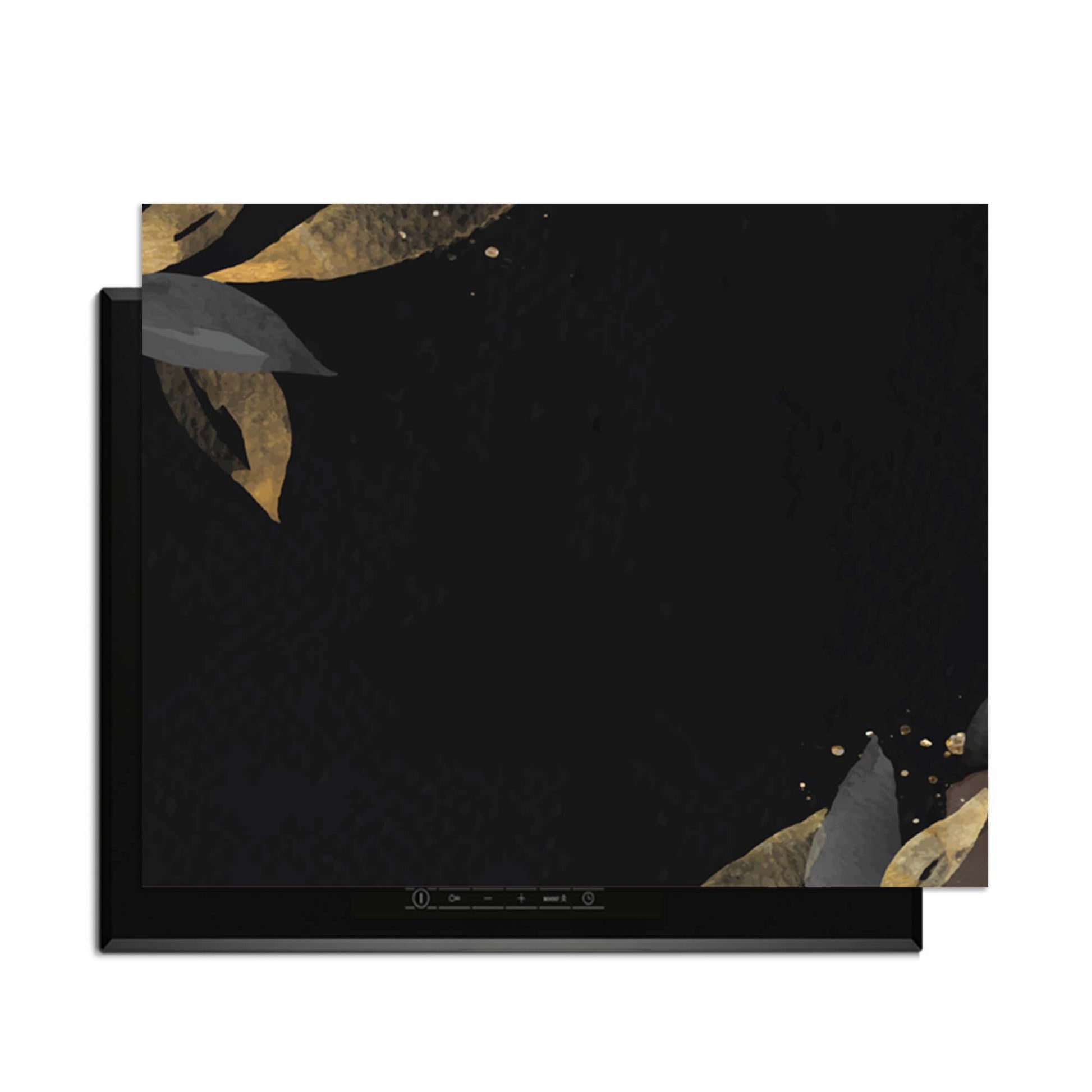 Black Olive – Inductie Beschermer met gouden olijfbladeren op een zwarte basis, stijlvol en chic.