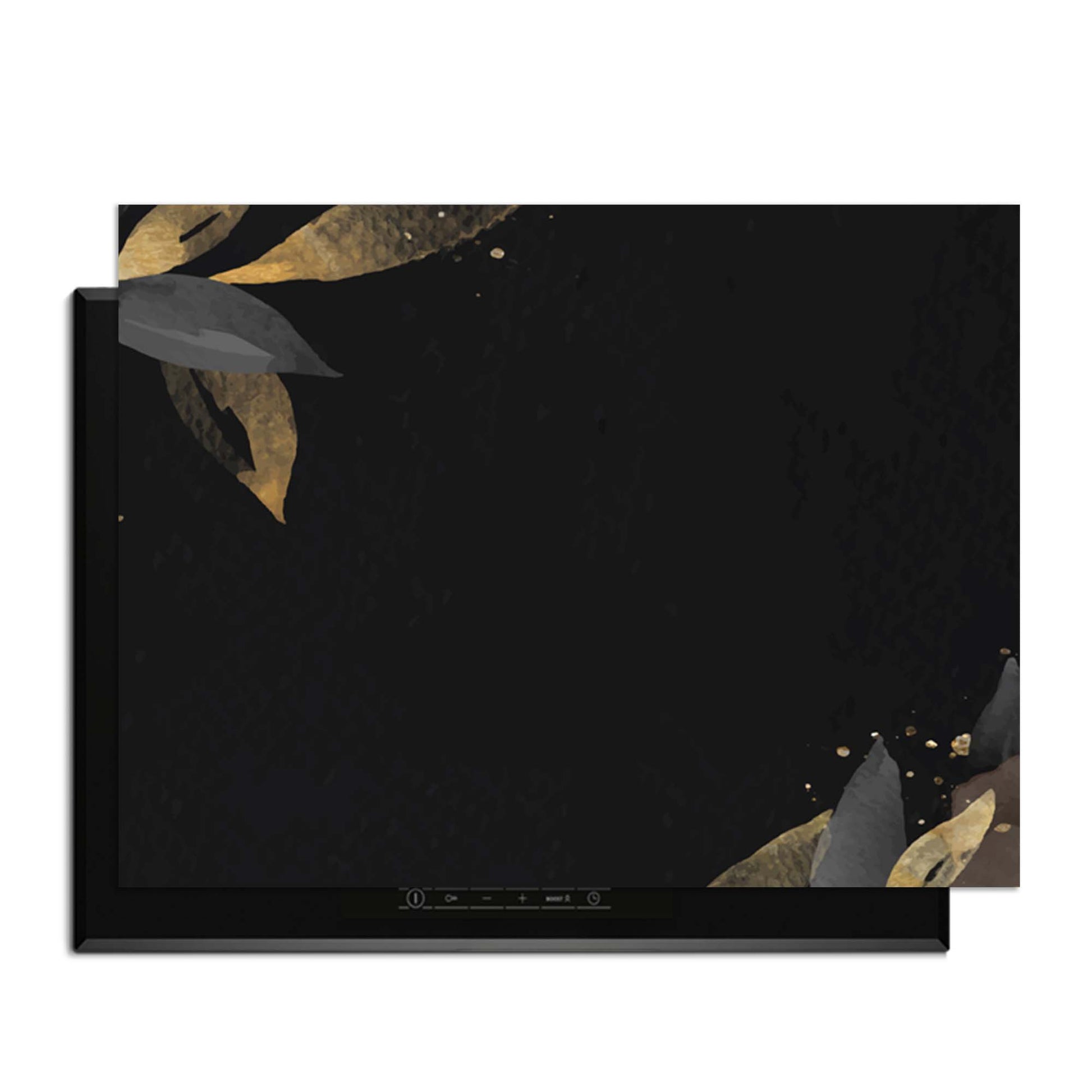Black Olive – Inductie Beschermer met stijlvolle gouden olijfbladeren op een zwarte achtergrond.