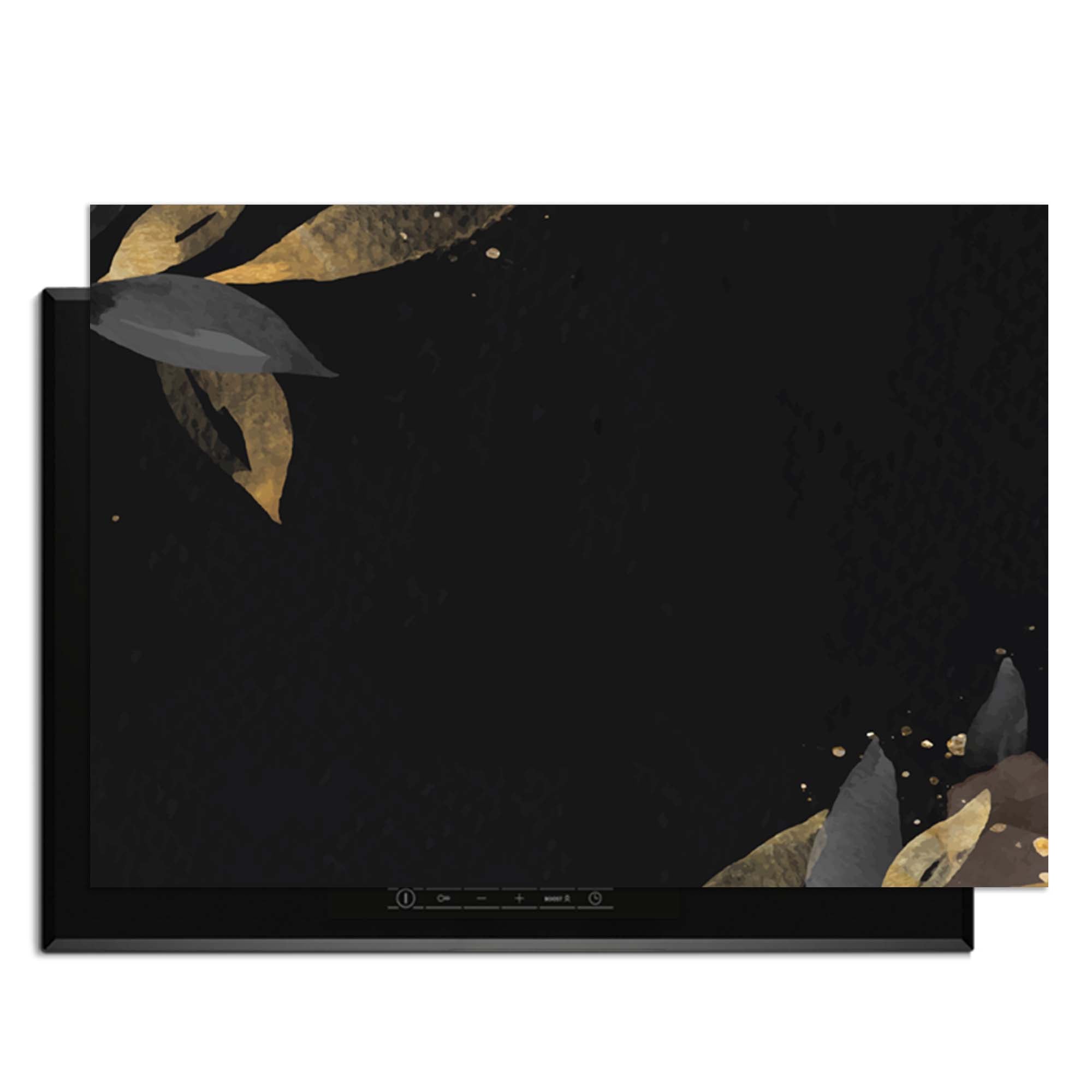 Black Olive – Inductie Beschermer met zwarte basis en gouden olijfbladeren, perfect voor uw keuken.