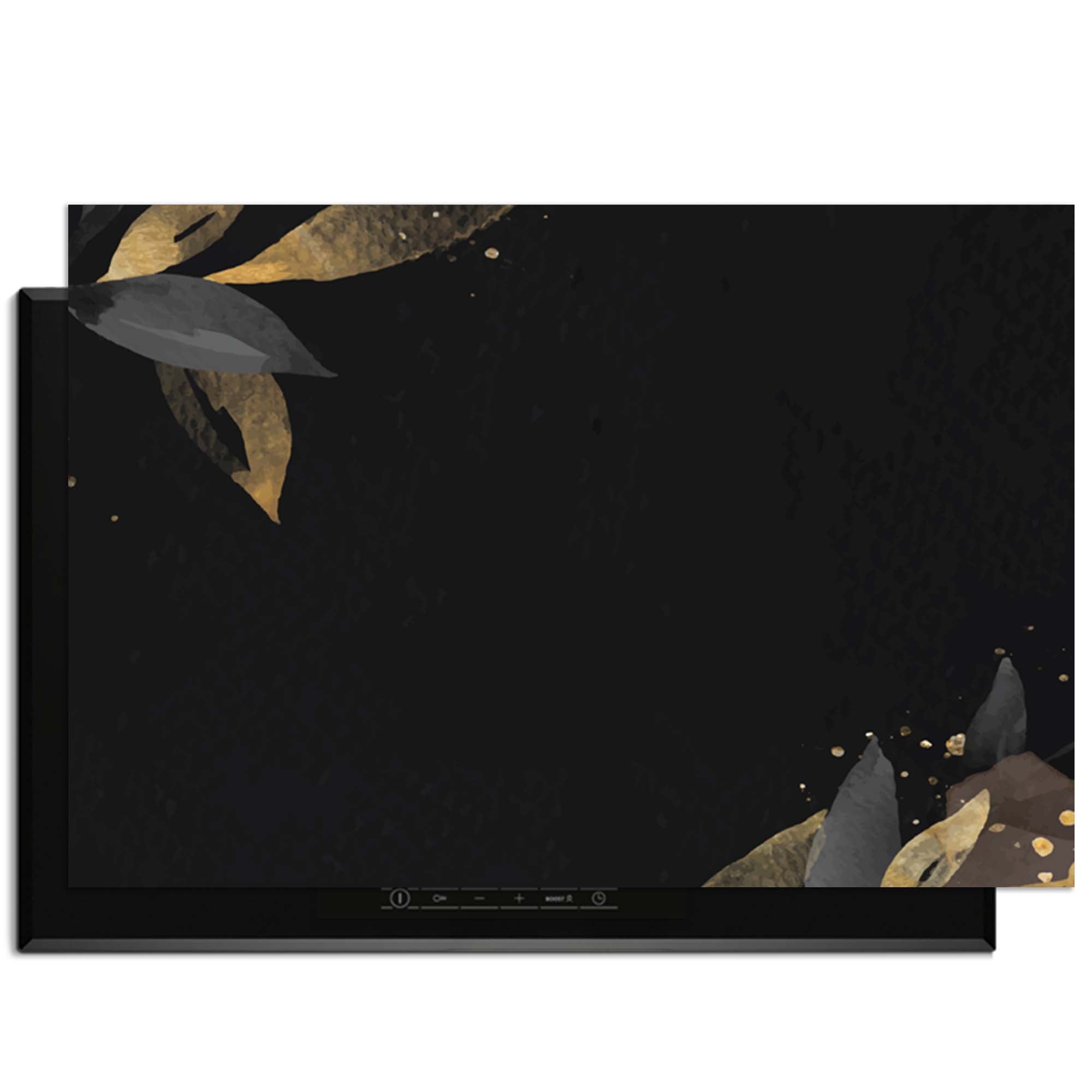 Black Olive – Inductie Beschermer met stijlvolle gouden olijfbladeren op een zwarte achtergrond.