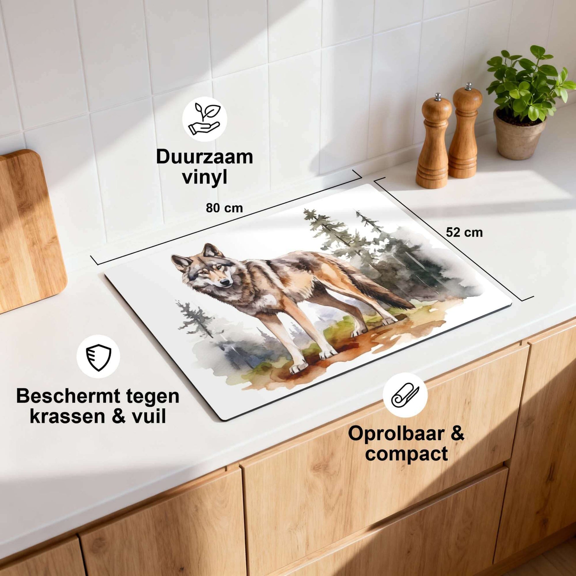 Wild Wolf - Inductie Beschermer van duurzaam vinyl, 80x52 cm, beschermen tegen krassen en vuil in de keuken.