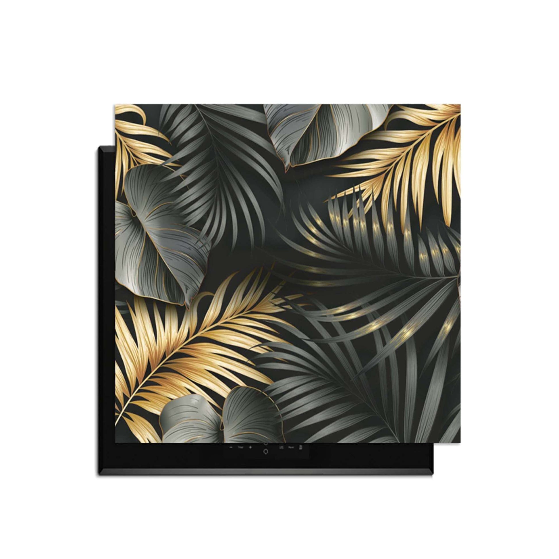 Golden Palms – Inductie Beschermer met luxe botanische palmblaadjes in zwart, goud en zilvergrijs.