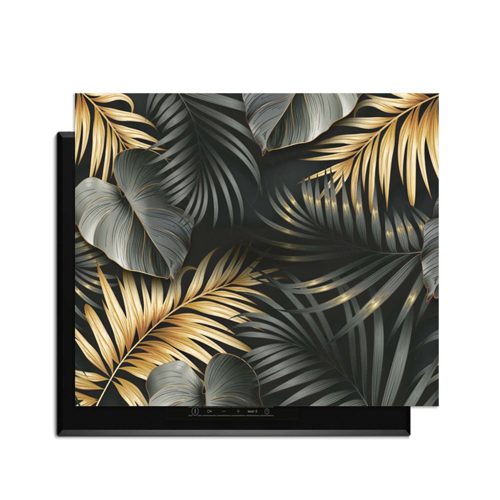 Golden Palms – Inductie Beschermer met luxe botanische zwart-gouden design en palmblaadjes.