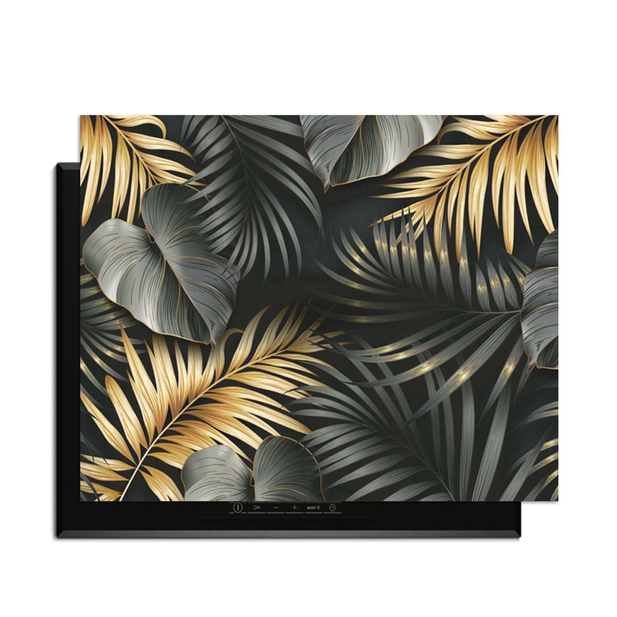 Golden Palms – Inductie Beschermer met luxe palmbladeren in zwart, goud en zilvergrijs