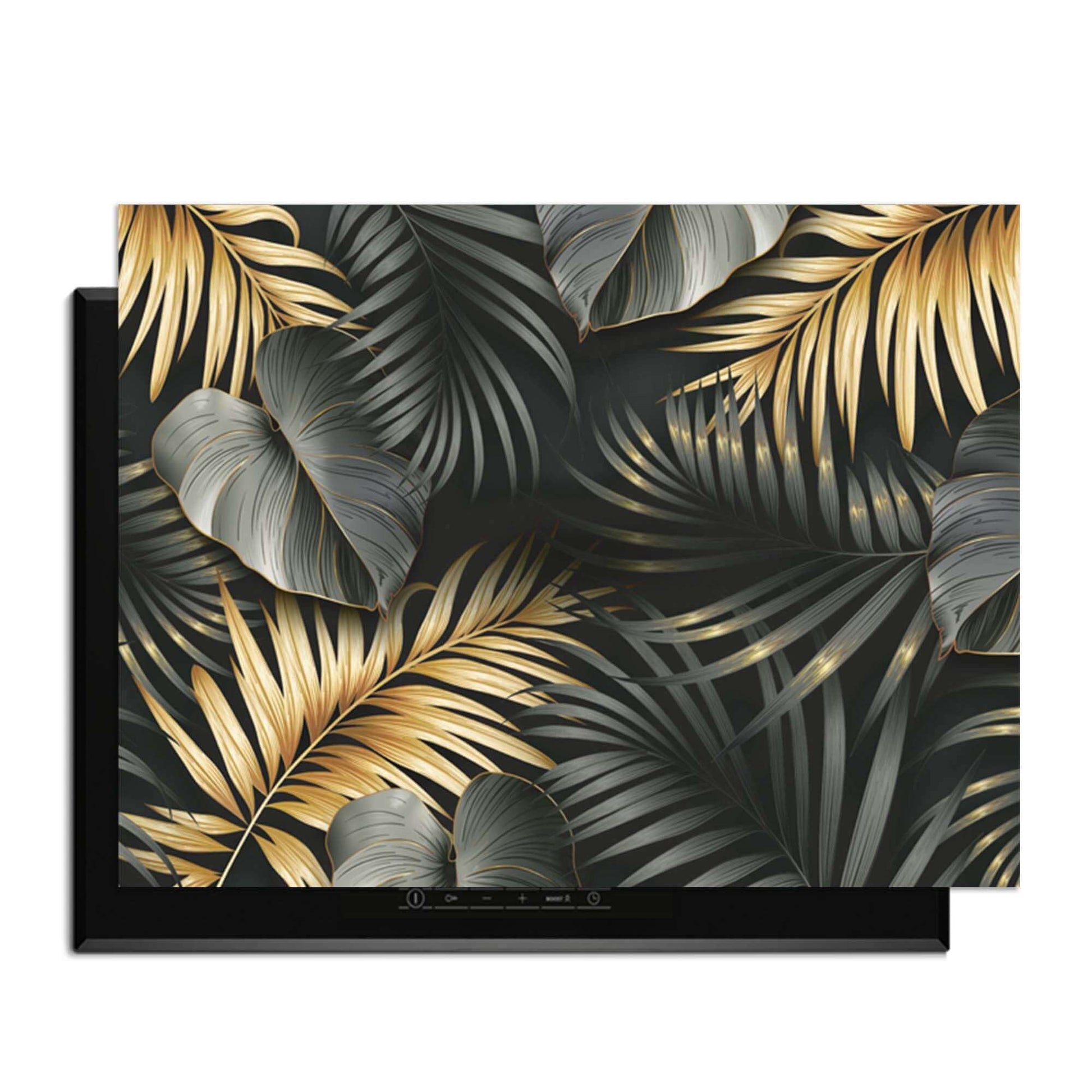 Golden Palms – Inductie Beschermer met zwart en gouden palmblaadjes voor een luxe keuken
