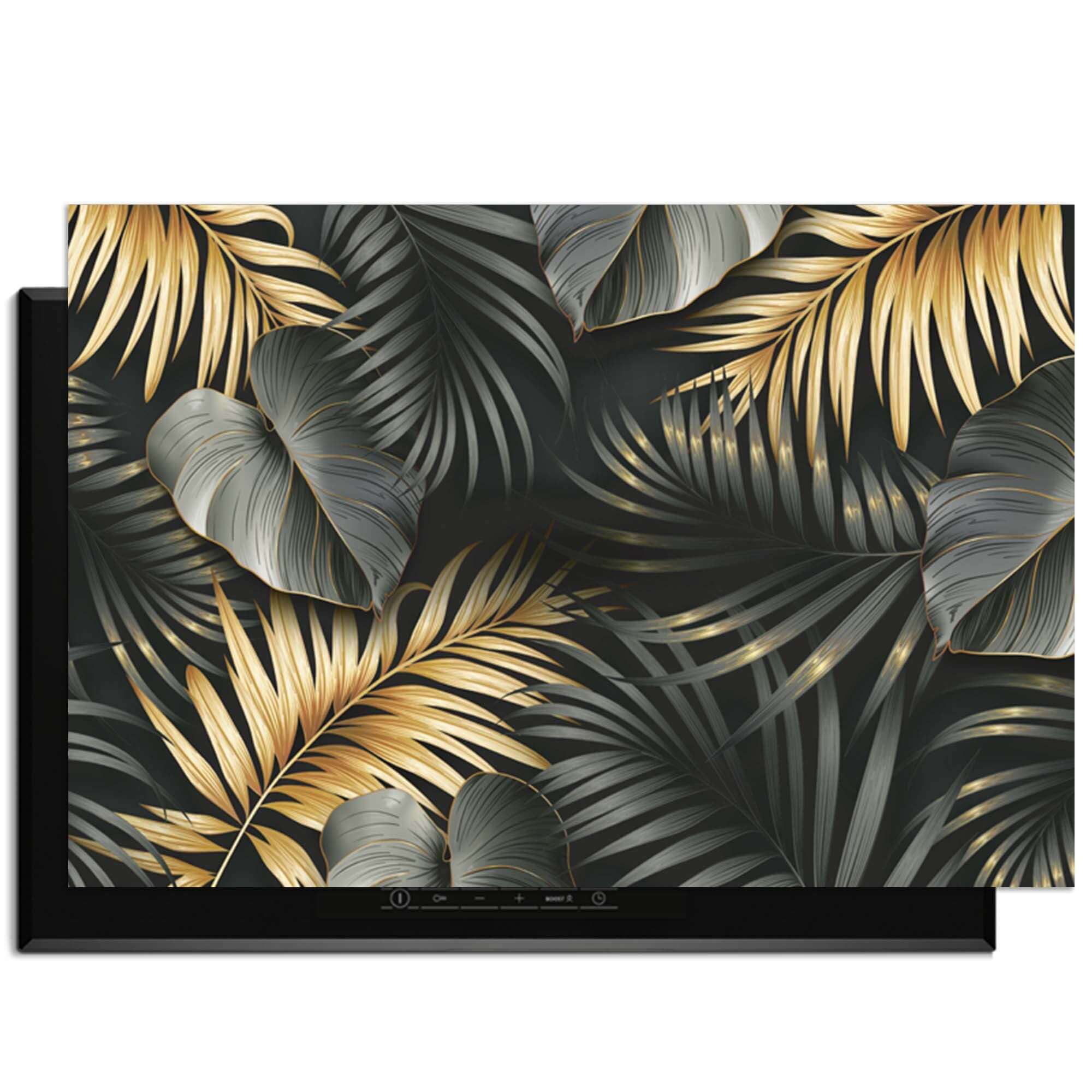 Golden Palms – Inductie Beschermer met luxe palmblaadjes in zwart, goud en zilvergrijs op een stijlvolle achtergrond.