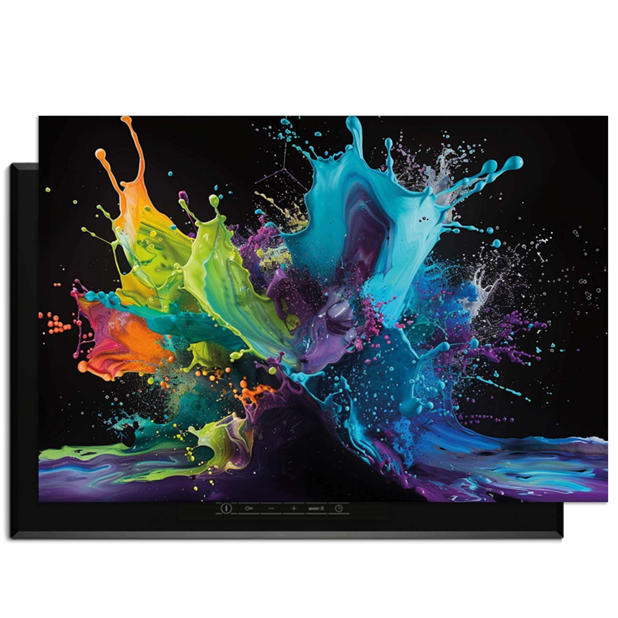 Splash Spectrum – Inductie Beschermer voor kookplaat met kleurrijke spatten op zwarte achtergrond.