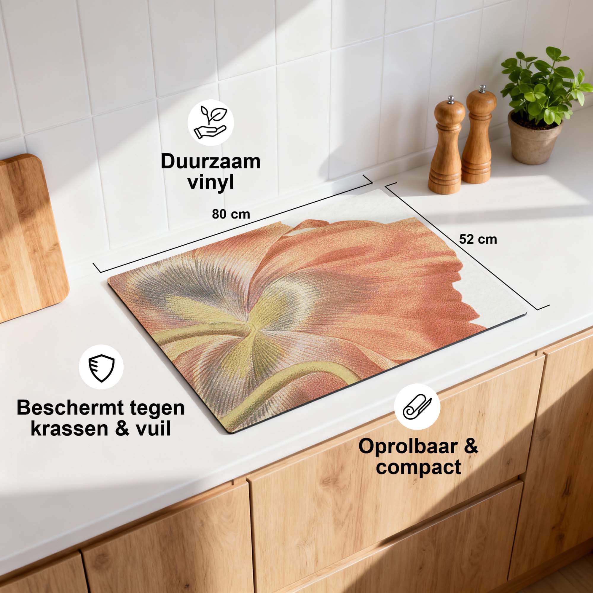 Poppy Bloom – Inductie Beschermer met een vintage ontwerp, duurzaam vinyl, 80x52 cm, beschermt tegen krassen en vuil.